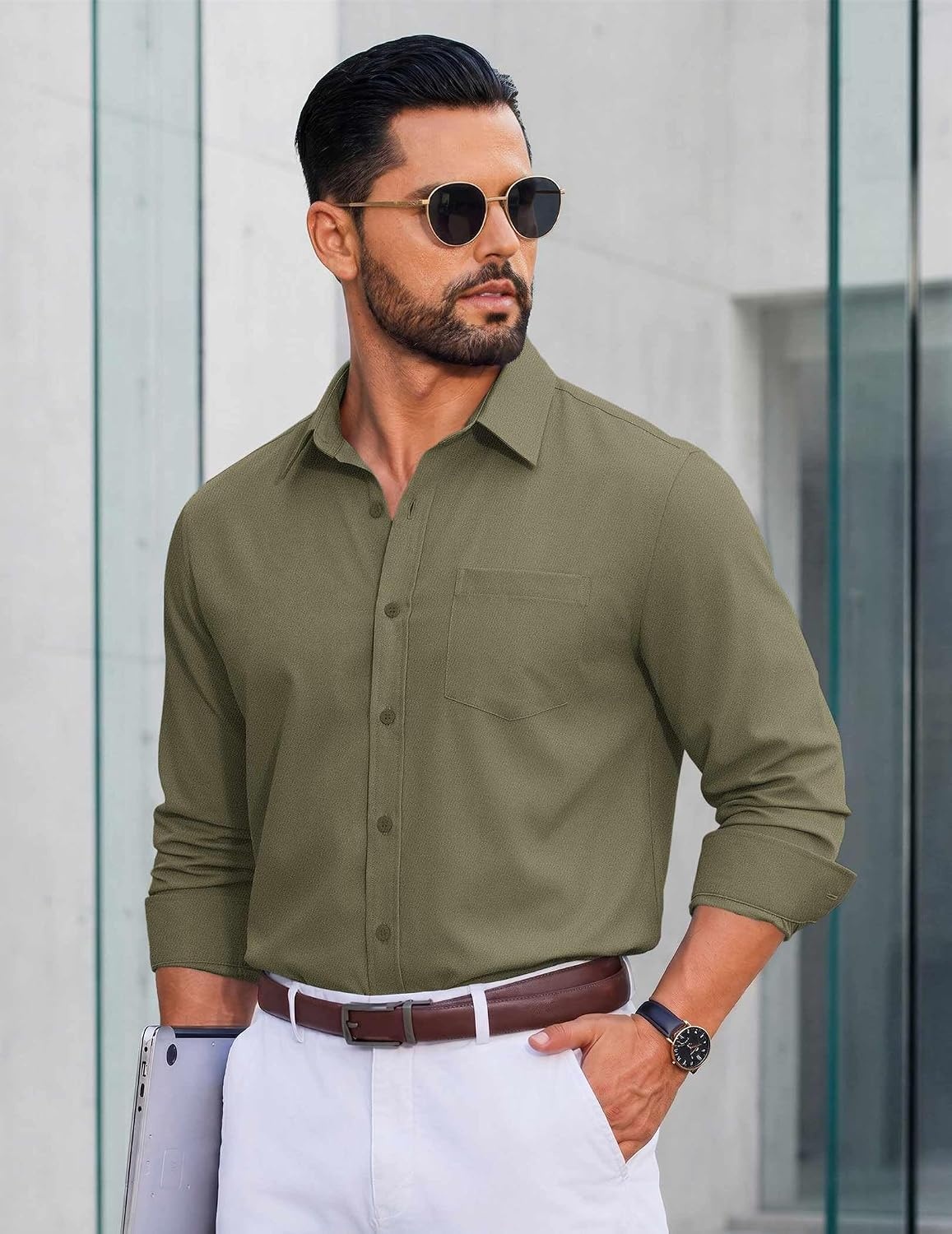 image:imageCOOFANDY Mens Casual Button Down Long Sleeve Shirt Denim Dress ShirtArmy Green