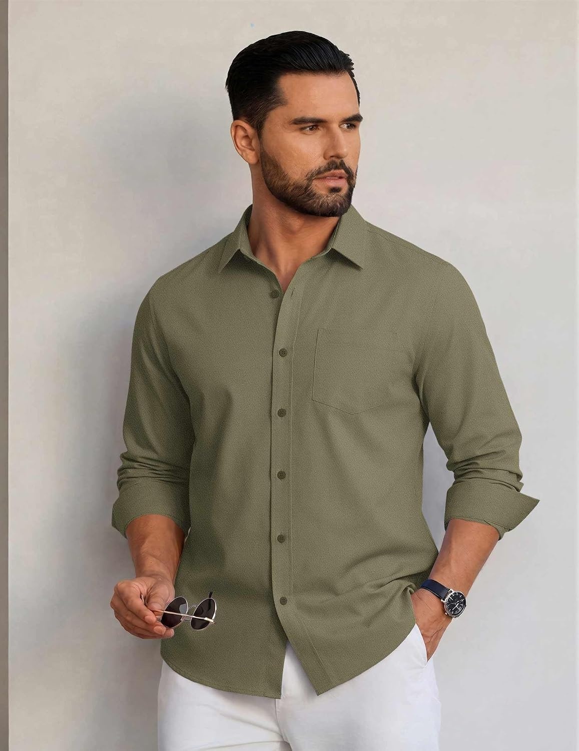 image:imageCOOFANDY Mens Casual Button Down Long Sleeve Shirt Denim Dress ShirtArmy Green