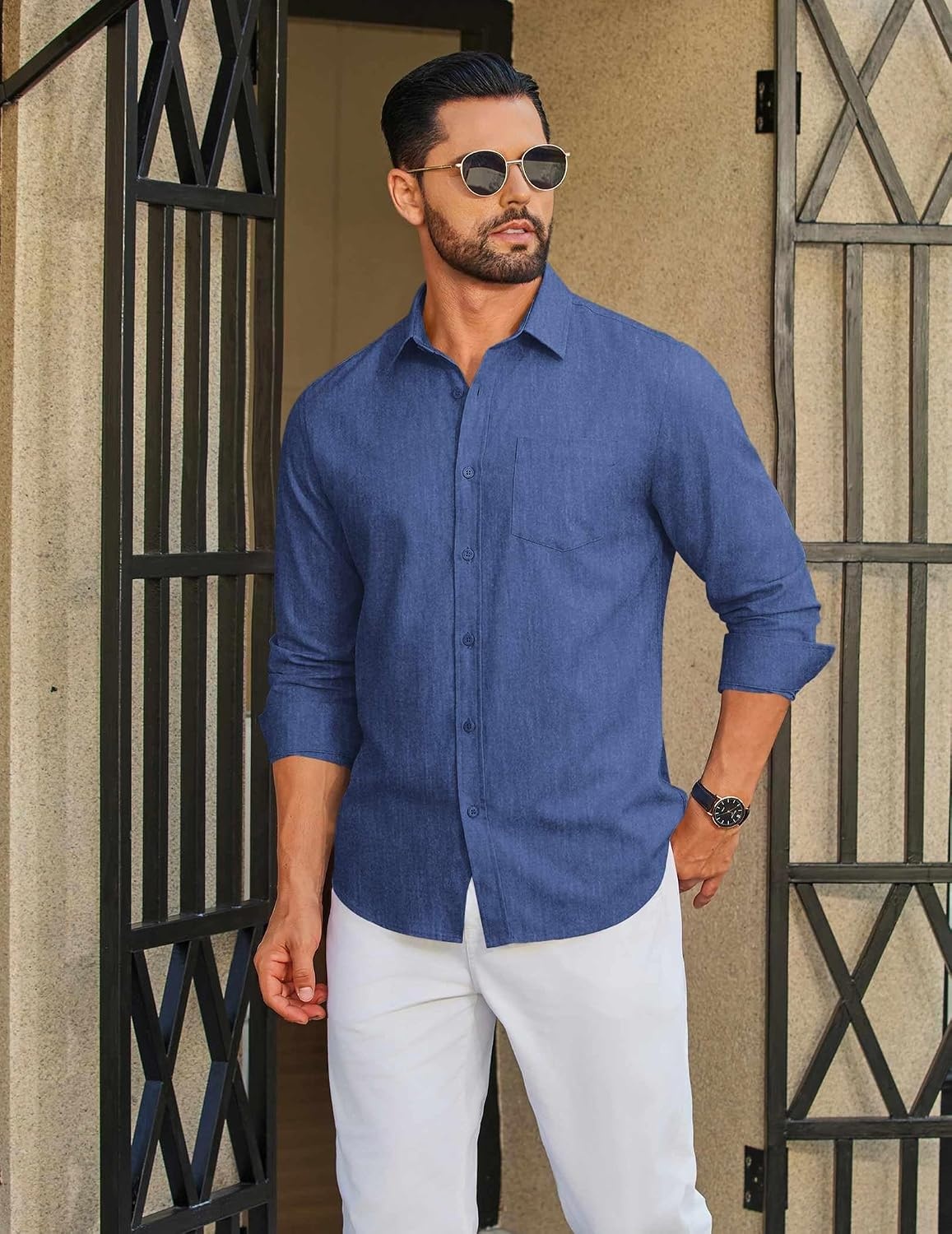 image:imageCOOFANDY Mens Casual Button Down Long Sleeve Shirt Denim Dress ShirtBlue