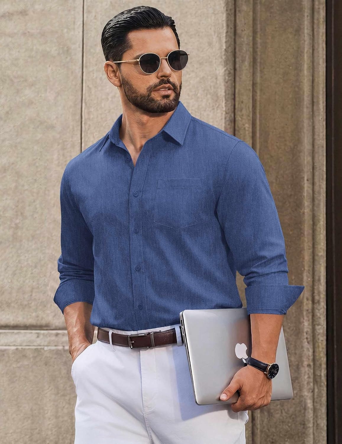 image:imageCOOFANDY Mens Casual Button Down Long Sleeve Shirt Denim Dress ShirtBlue