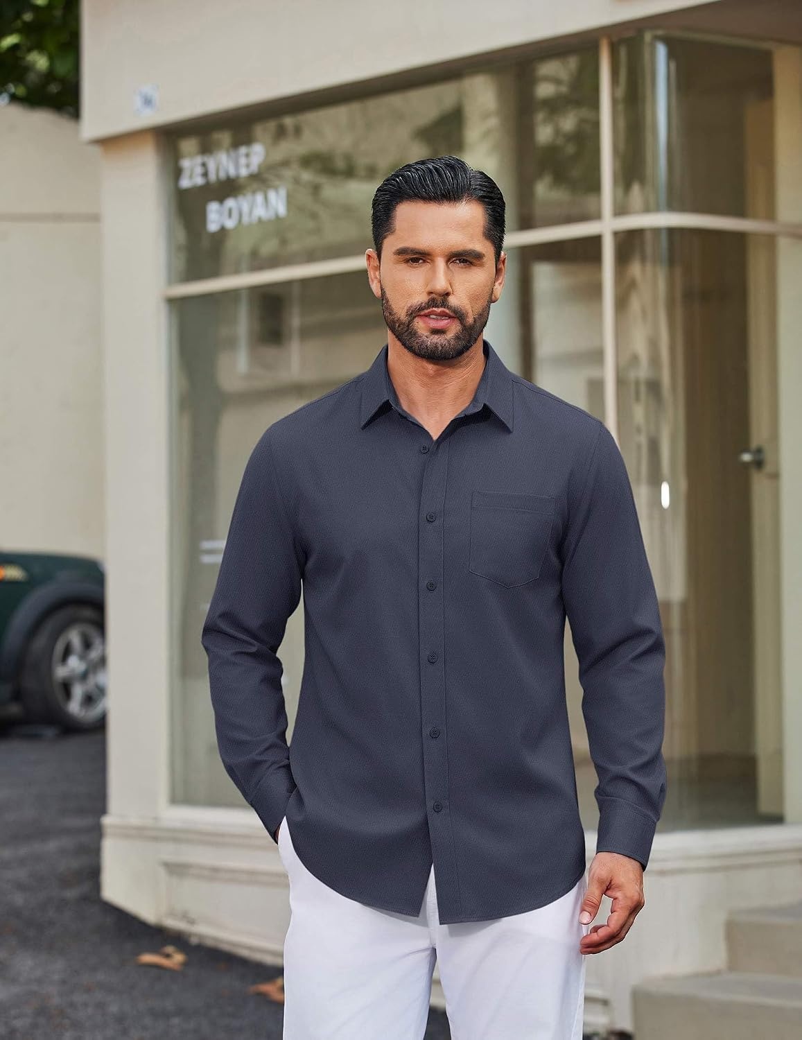 image:imageCOOFANDY Mens Casual Button Down Long Sleeve Shirt Denim Dress ShirtDark Blue