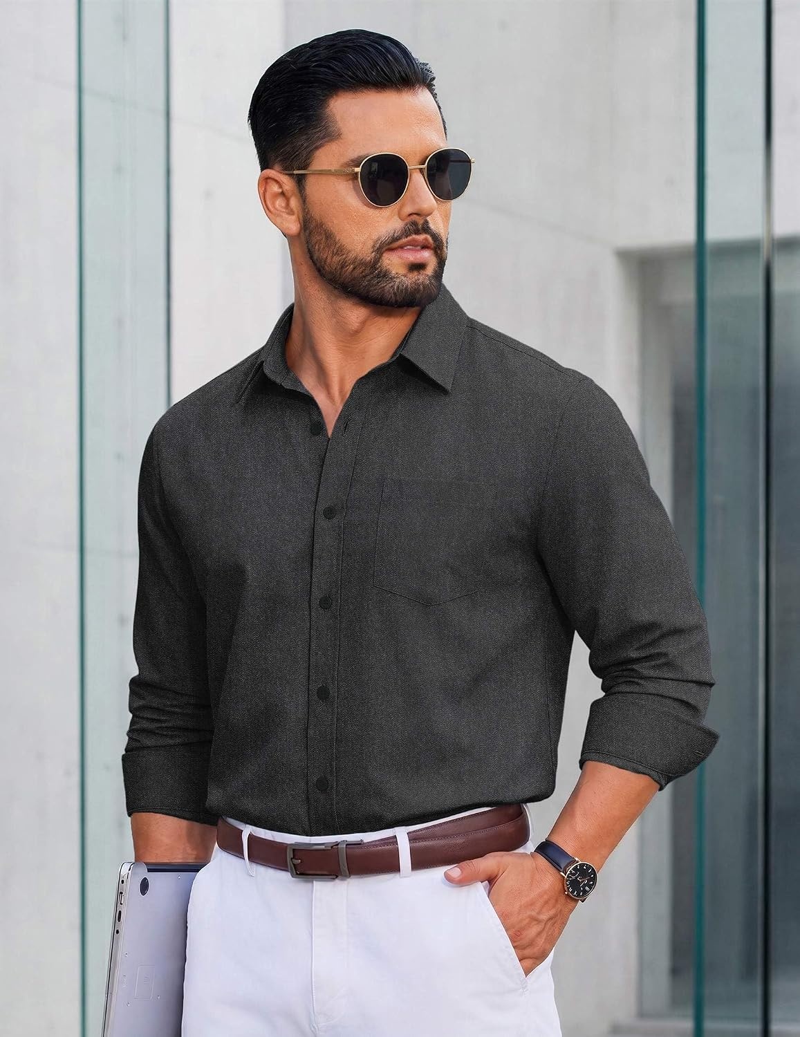 image:imageCOOFANDY Mens Casual Button Down Long Sleeve Shirt Denim Dress ShirtDark Grey