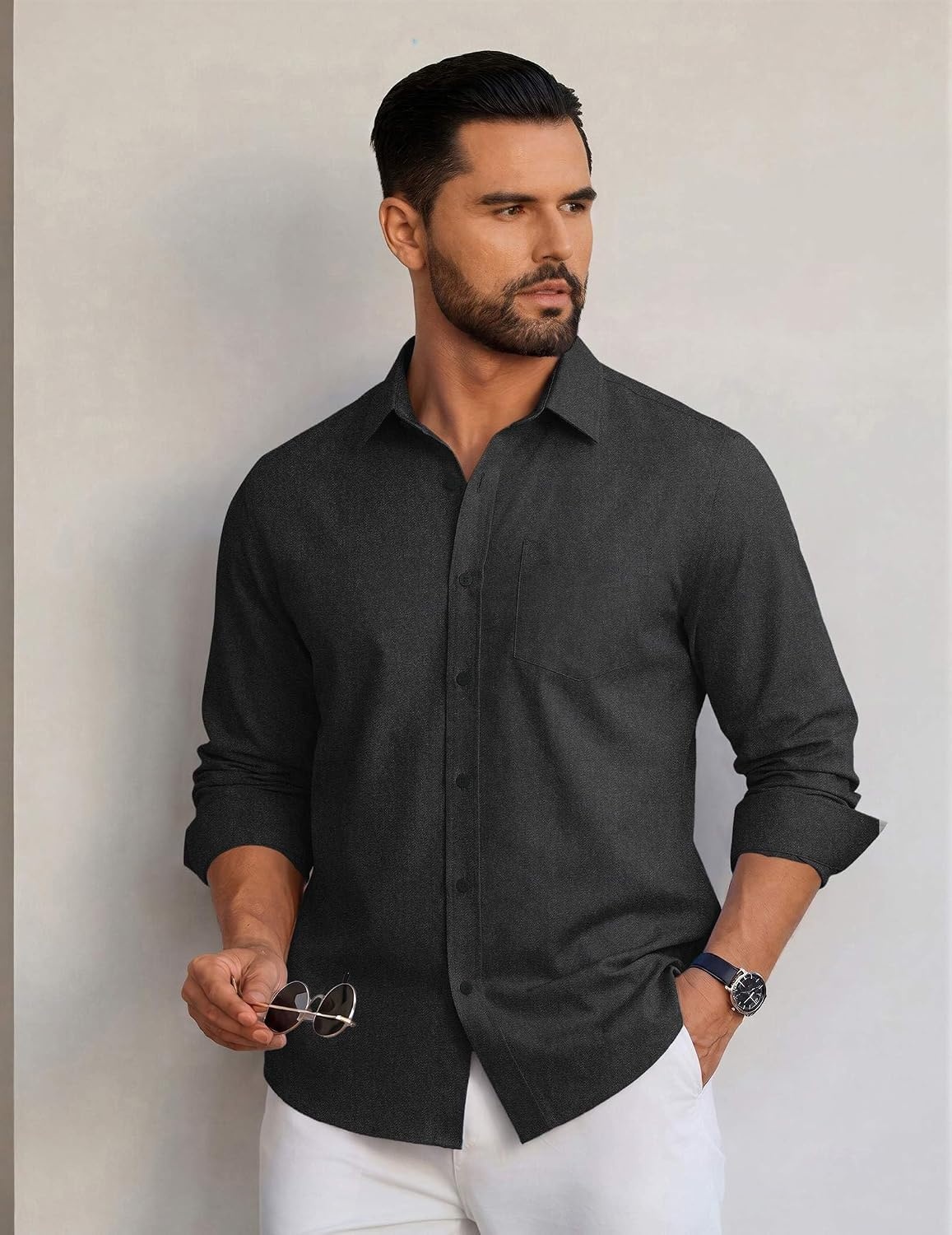 image:imageCOOFANDY Mens Casual Button Down Long Sleeve Shirt Denim Dress ShirtDark Grey