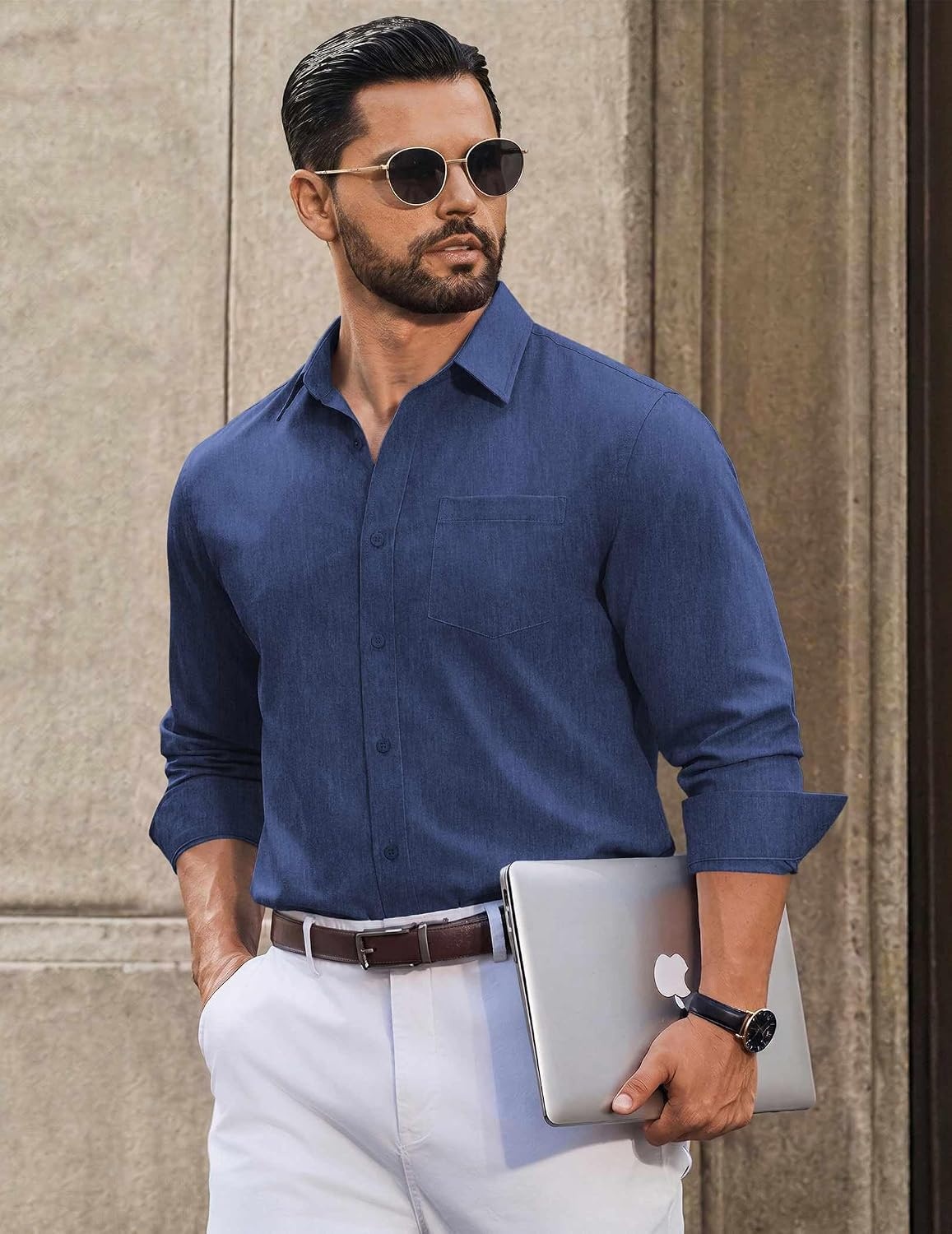 image:imageCOOFANDY Mens Casual Button Down Long Sleeve Shirt Denim Dress ShirtDeep Blue