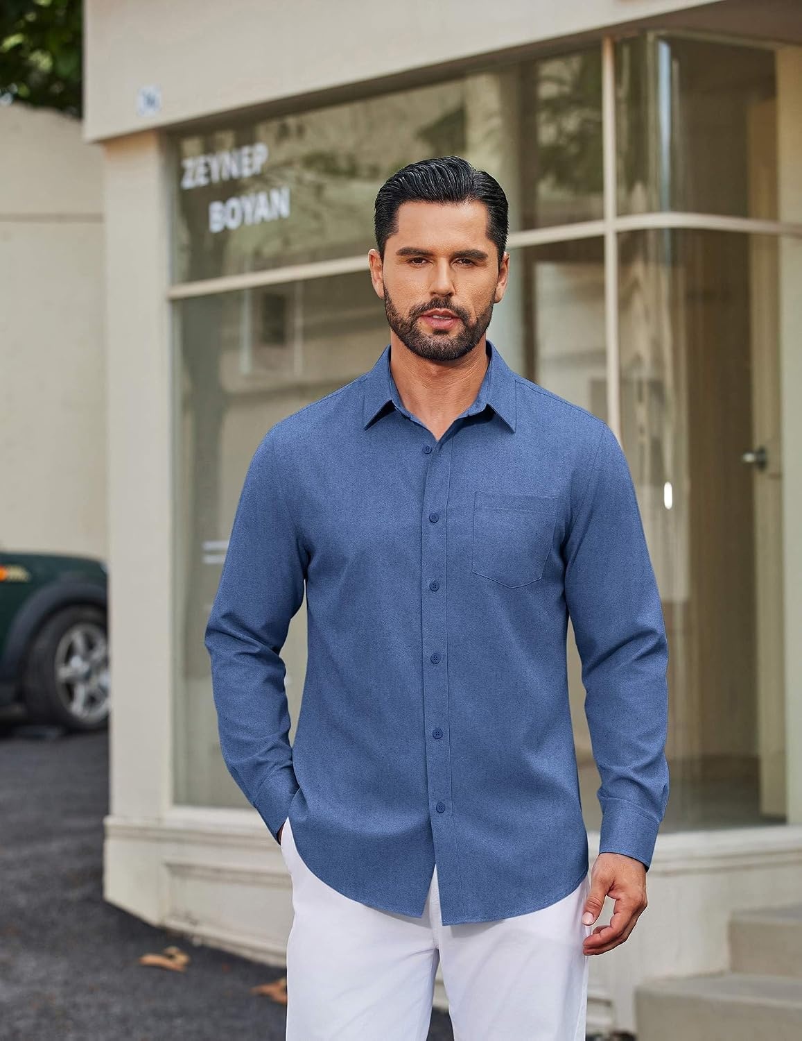 image:imageCOOFANDY Mens Casual Button Down Long Sleeve Shirt Denim Dress ShirtDenim Blue