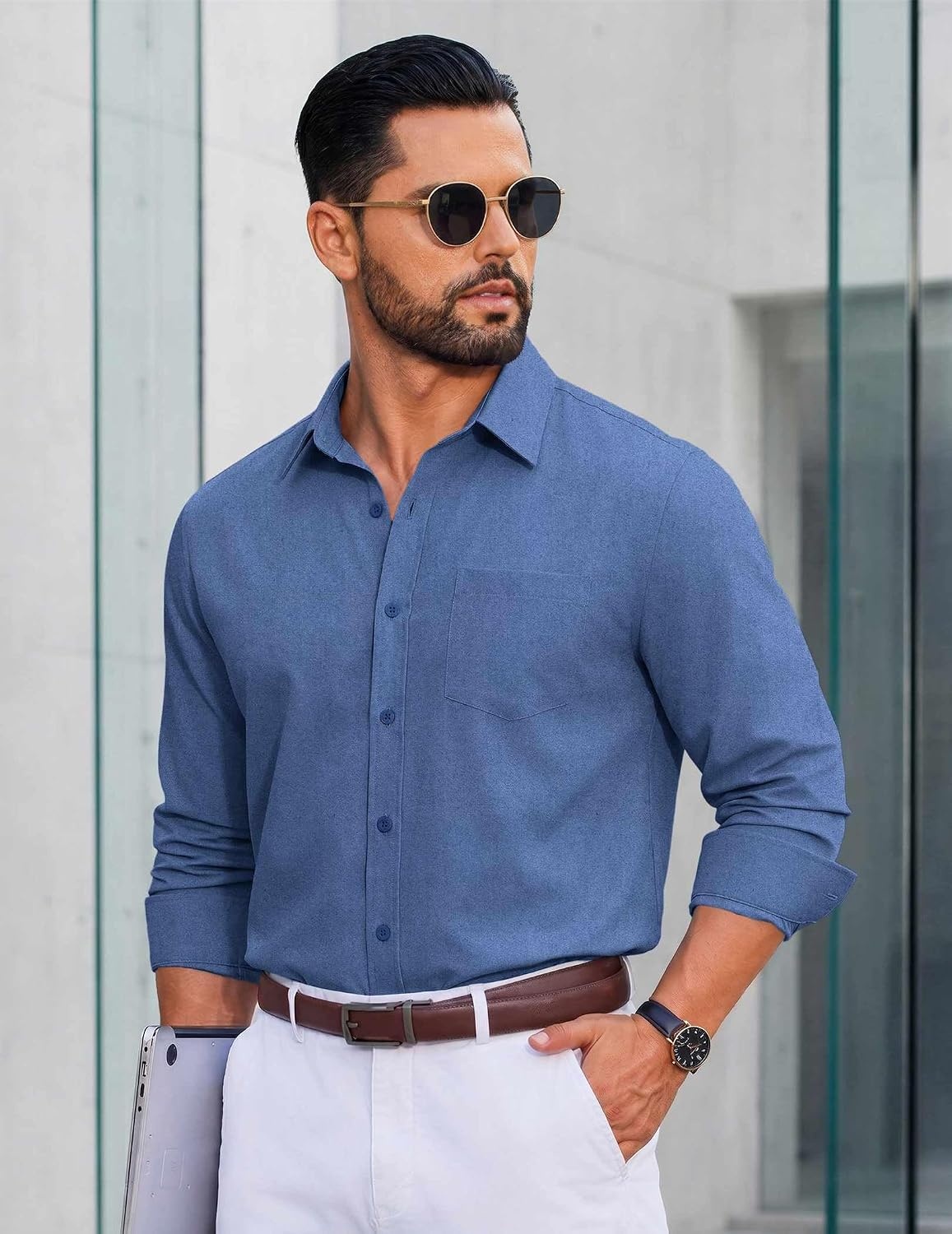 image:imageCOOFANDY Mens Casual Button Down Long Sleeve Shirt Denim Dress ShirtDenim Blue