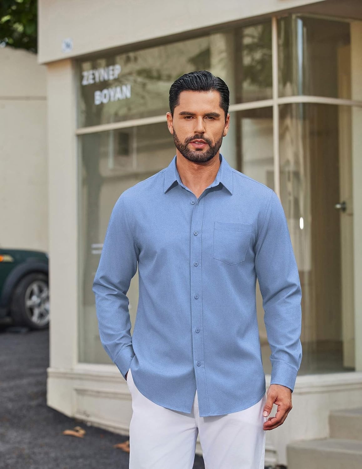 image:imageCOOFANDY Mens Casual Button Down Long Sleeve Shirt Denim Dress ShirtLight Blue