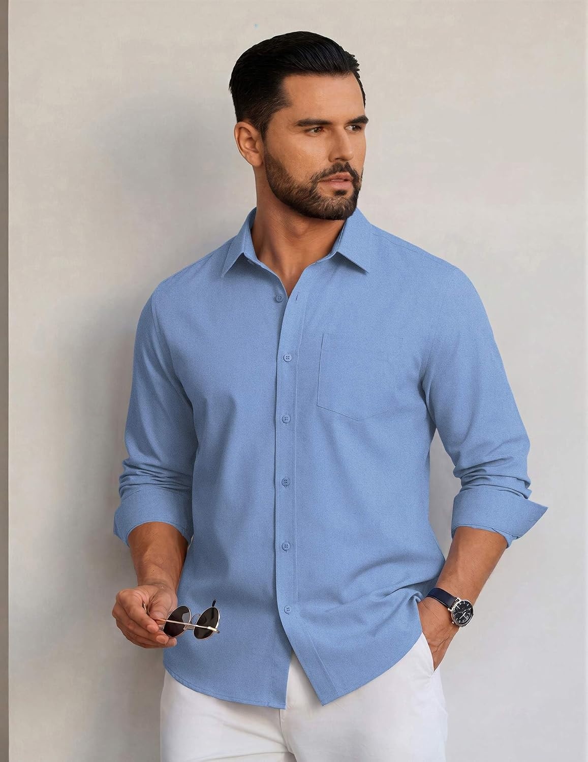 image:imageCOOFANDY Mens Casual Button Down Long Sleeve Shirt Denim Dress ShirtLight Blue