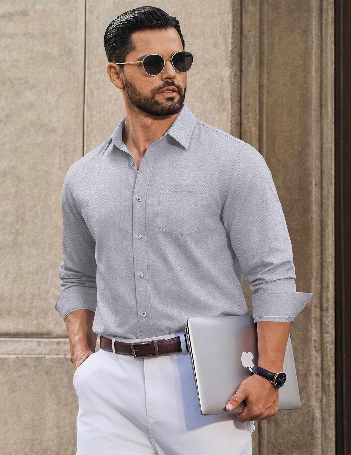 image:imageCOOFANDY Mens Casual Button Down Long Sleeve Shirt Denim Dress ShirtLight Grey