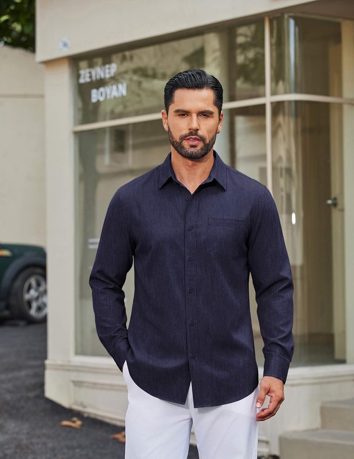image:imageCOOFANDY Mens Casual Button Down Long Sleeve Shirt Denim Dress ShirtNavy Blue