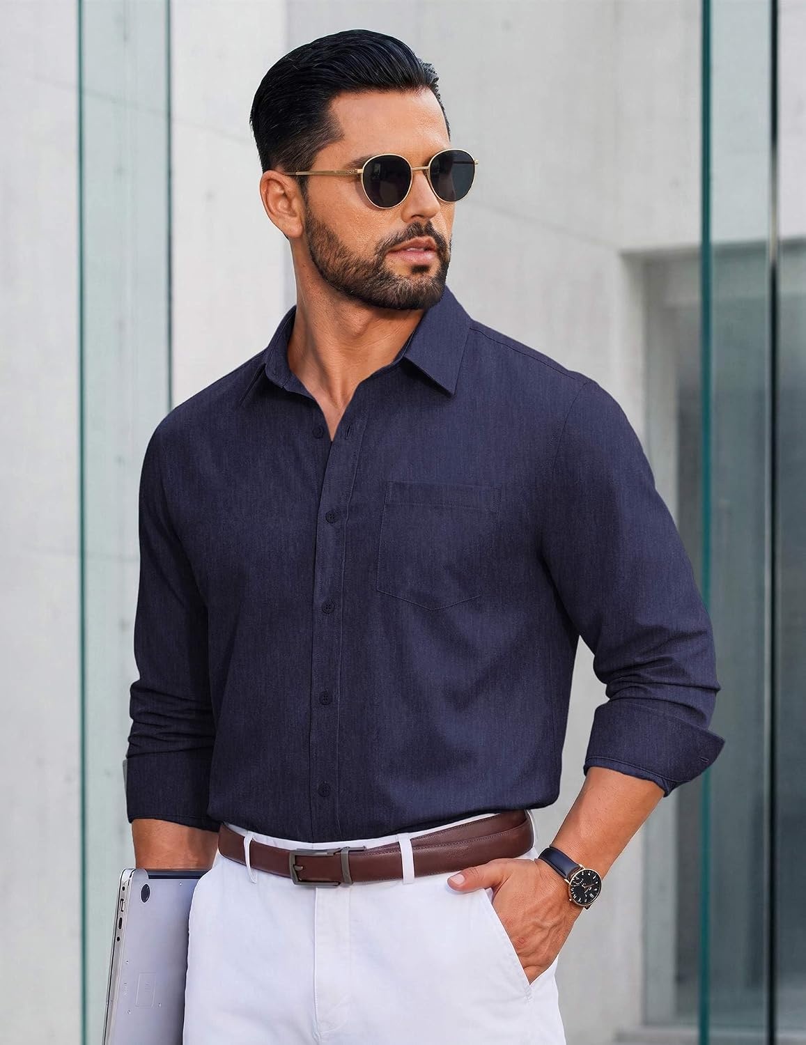 image:imageCOOFANDY Mens Casual Button Down Long Sleeve Shirt Denim Dress ShirtNavy Blue