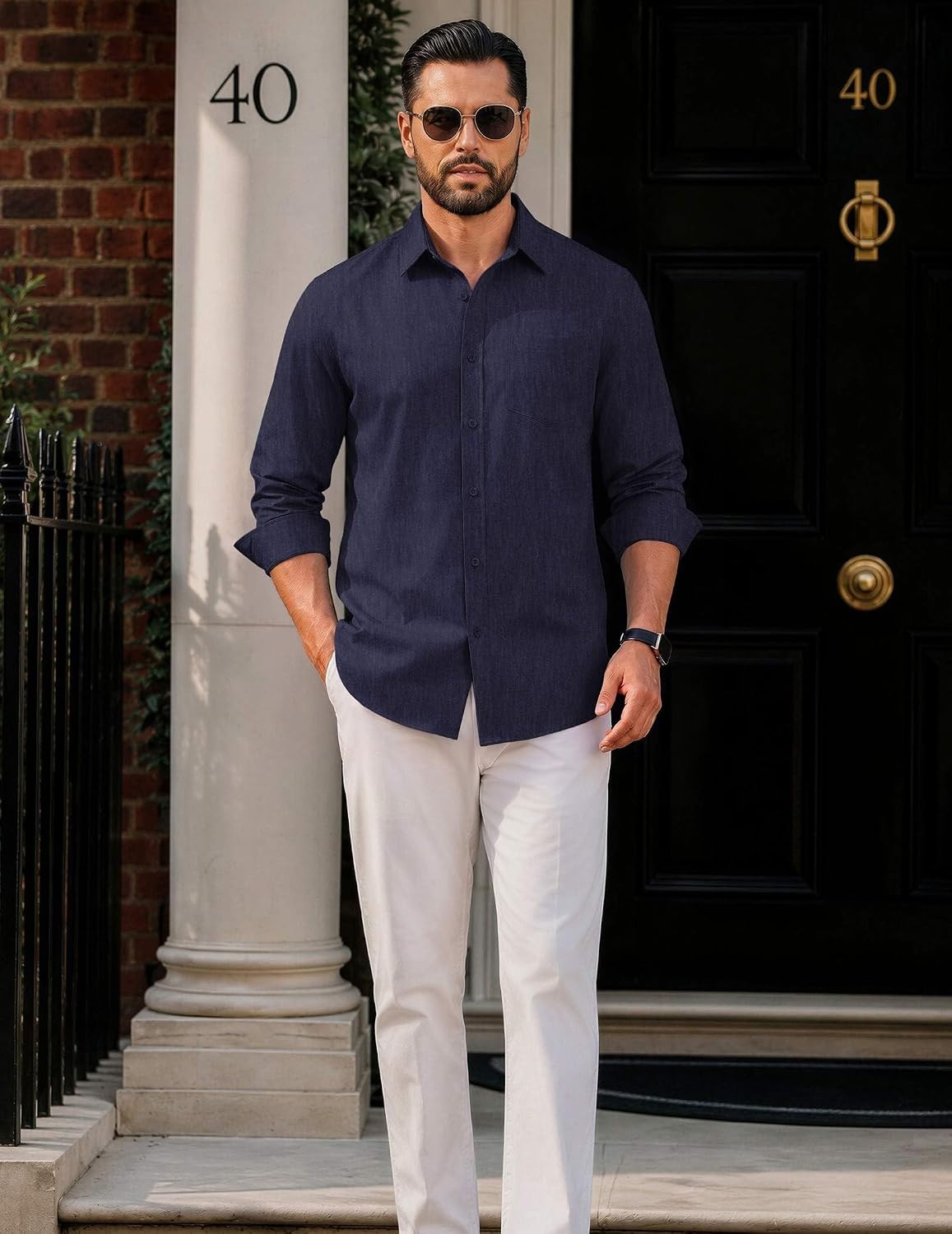 image:imageCOOFANDY Mens Casual Button Down Long Sleeve Shirt Denim Dress ShirtNavy Blue