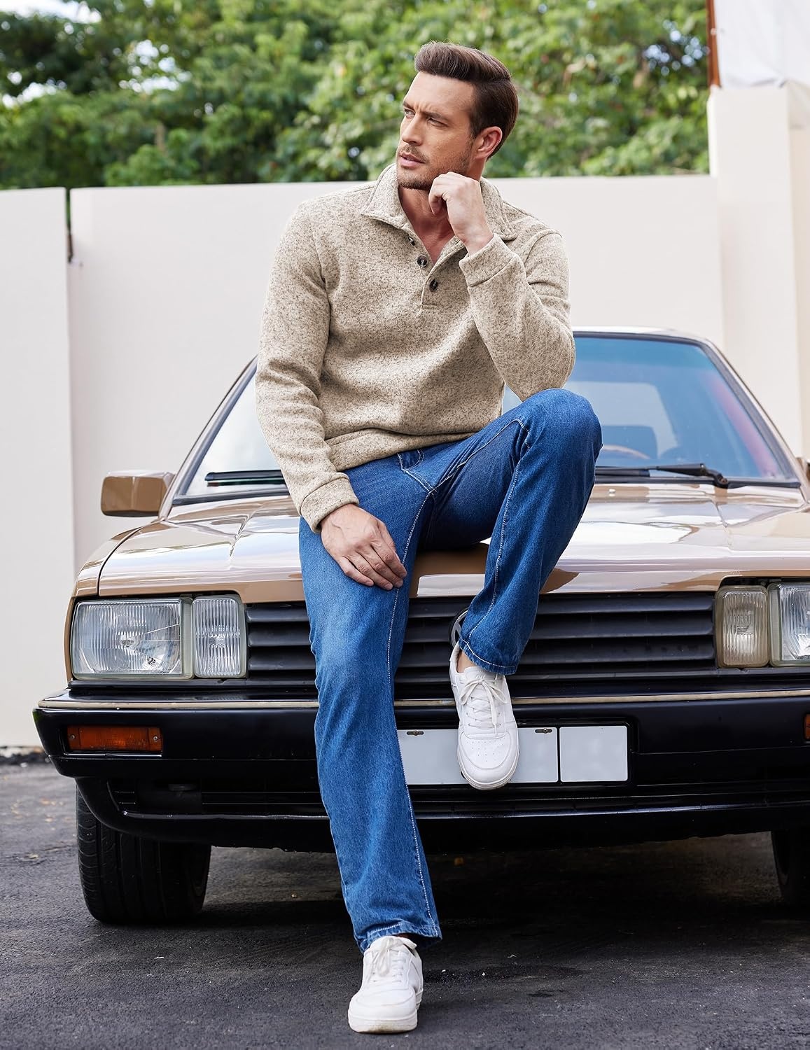 image:imageCOOFANDY Mens Casual Pullover Sweater Quarter Button Fleece Sweatshirt Knitted Thermal SweatersAlight Khaki