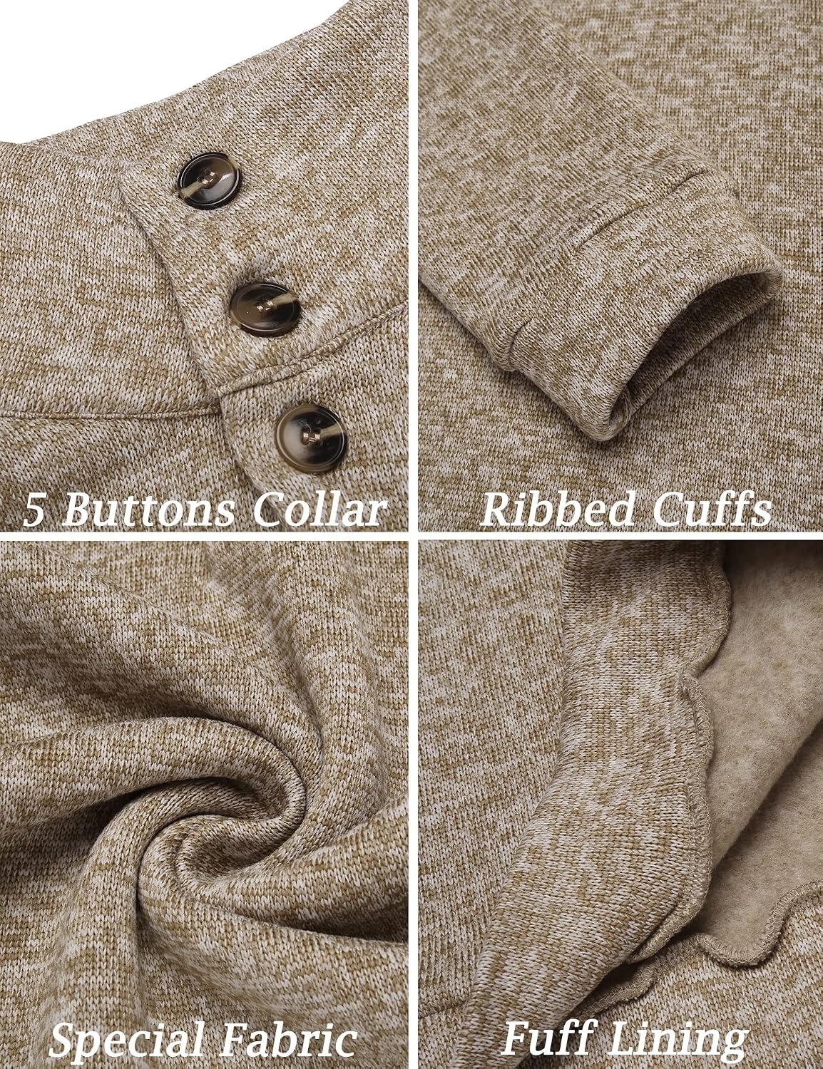 image:imageCOOFANDY Mens Casual Pullover Sweater Quarter Button Fleece Sweatshirt Knitted Thermal SweatersAlight Khaki