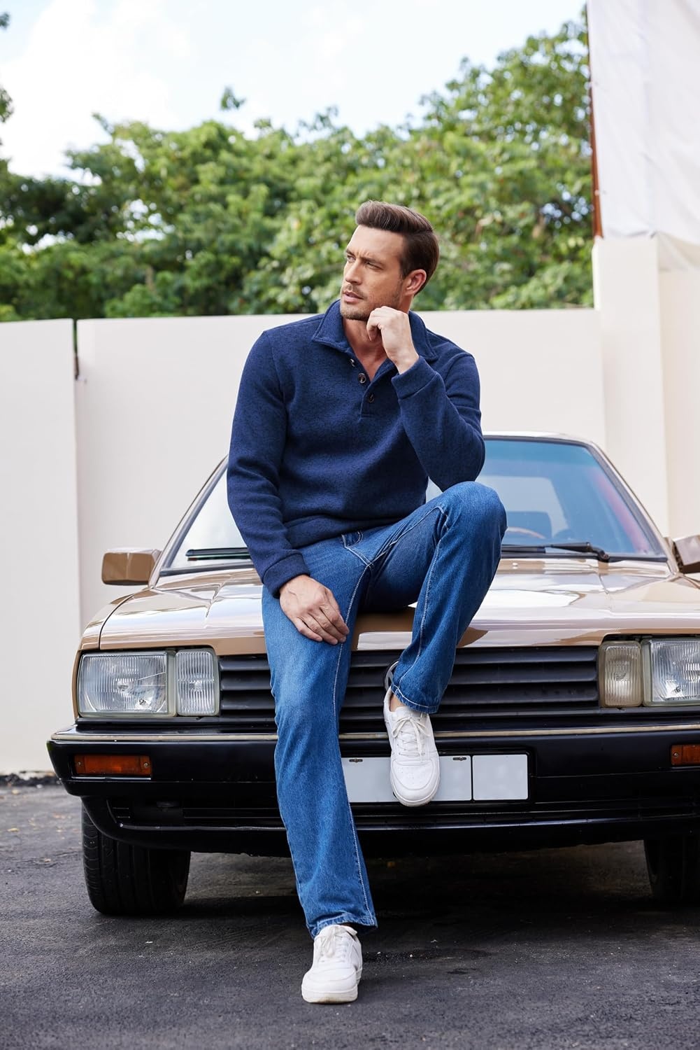 image:imageCOOFANDY Mens Casual Pullover Sweater Quarter Button Fleece Sweatshirt Knitted Thermal SweatersAnavy Blue