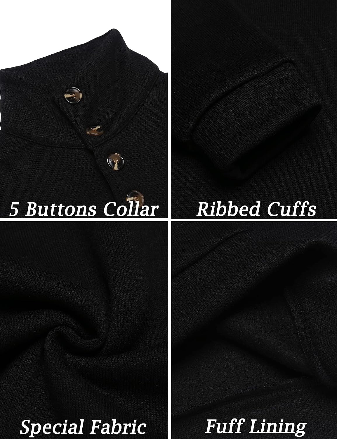 image:imageCOOFANDY Mens Casual Pullover Sweater Quarter Button Fleece Sweatshirt Knitted Thermal SweatersBlack