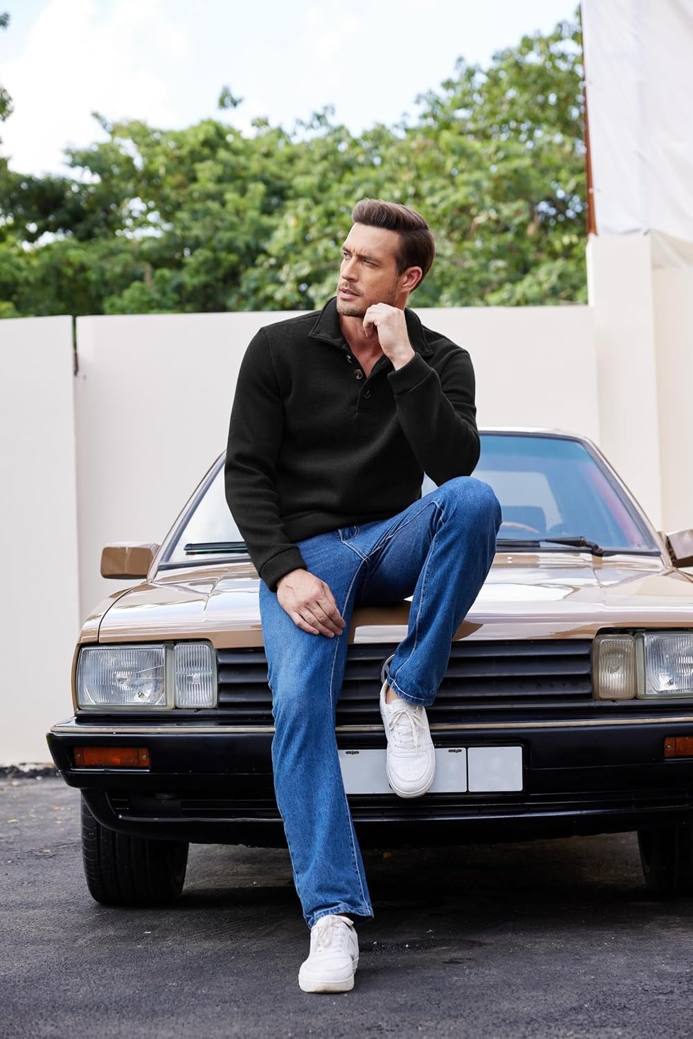 image:imageCOOFANDY Mens Casual Pullover Sweater Quarter Button Fleece Sweatshirt Knitted Thermal SweatersBlack