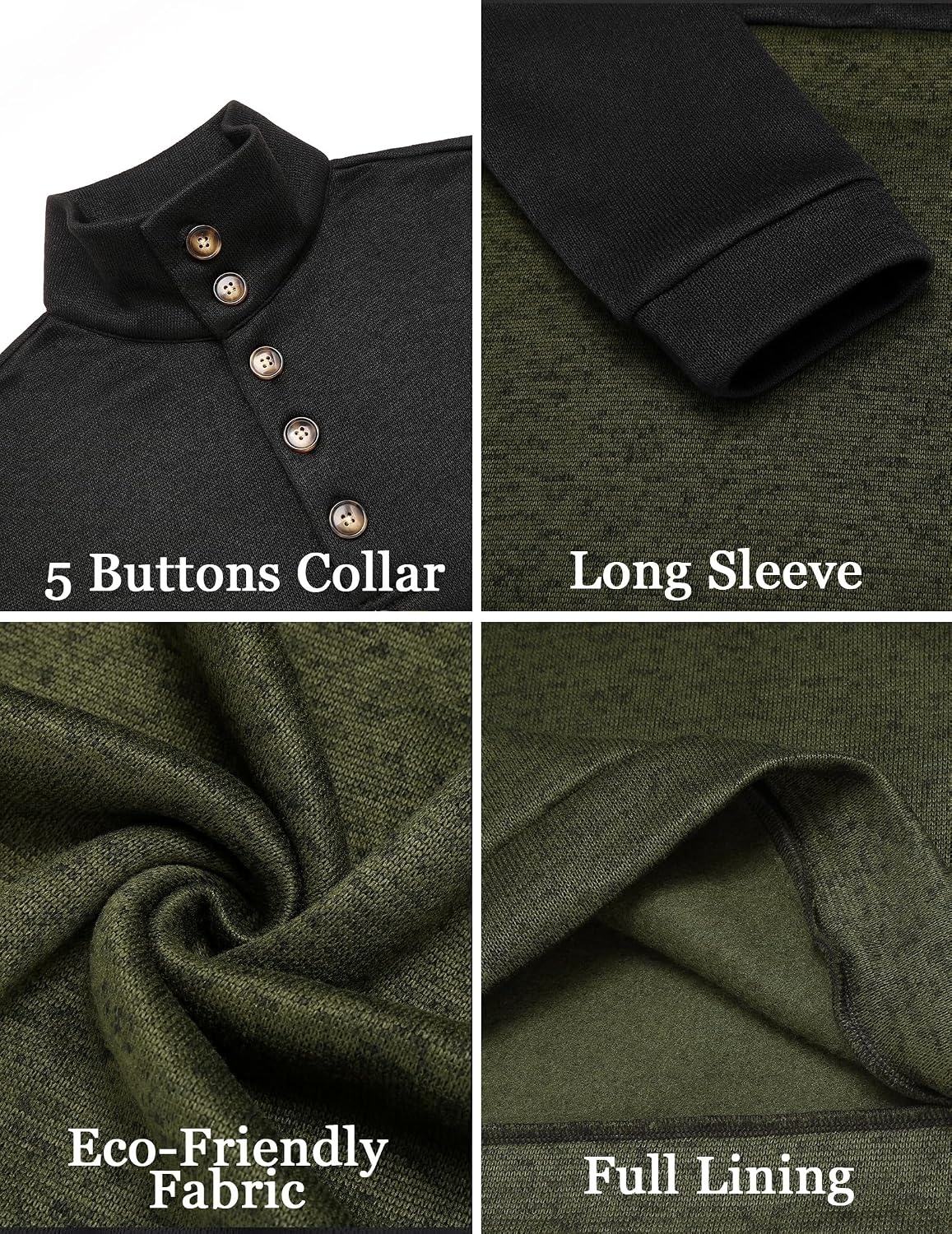 image:imageCOOFANDY Mens Casual Pullover Sweater Quarter Button Fleece Sweatshirt Knitted Thermal SweatersBlack Patchwork Army Green