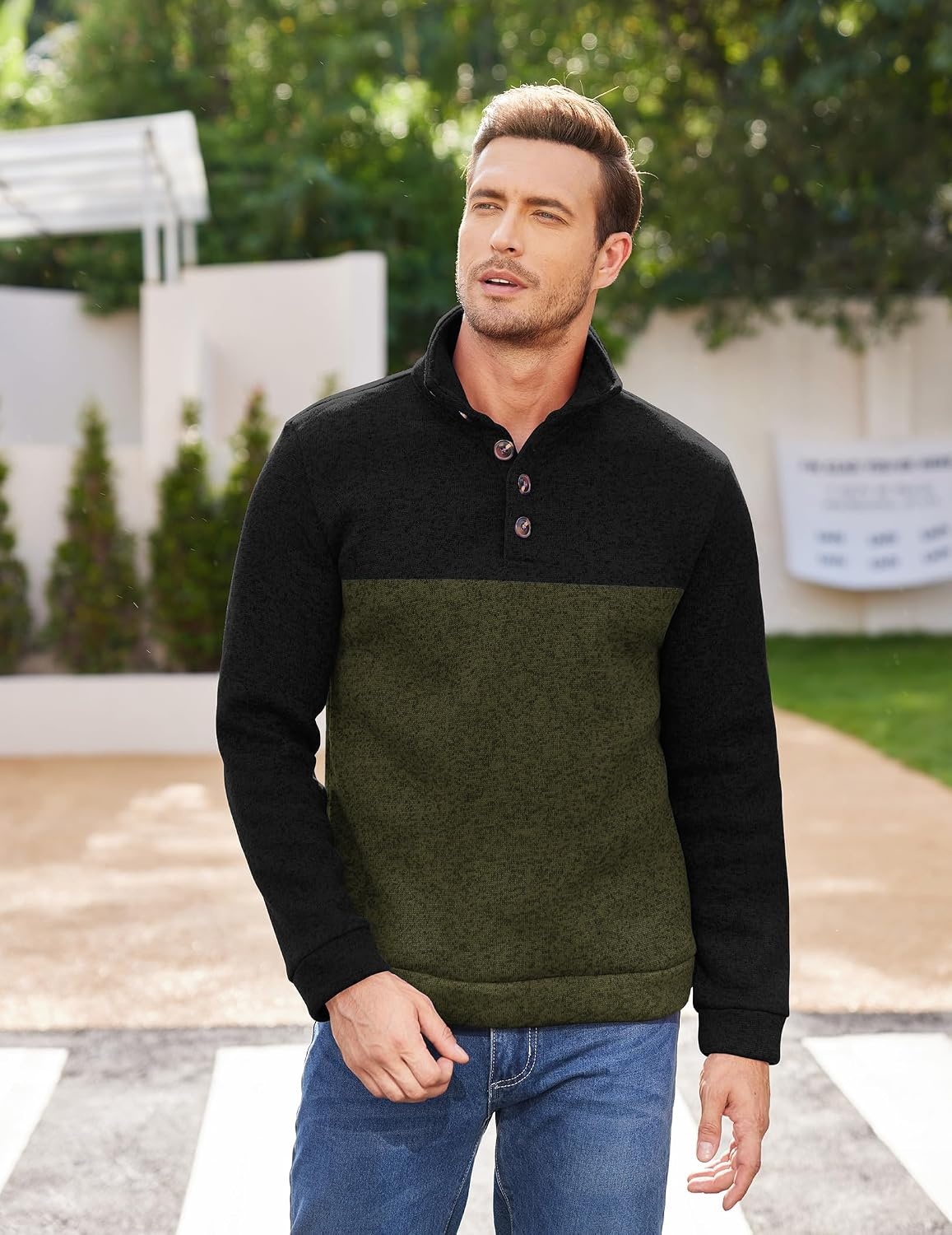 image:imageCOOFANDY Mens Casual Pullover Sweater Quarter Button Fleece Sweatshirt Knitted Thermal SweatersBlack Patchwork Army Green