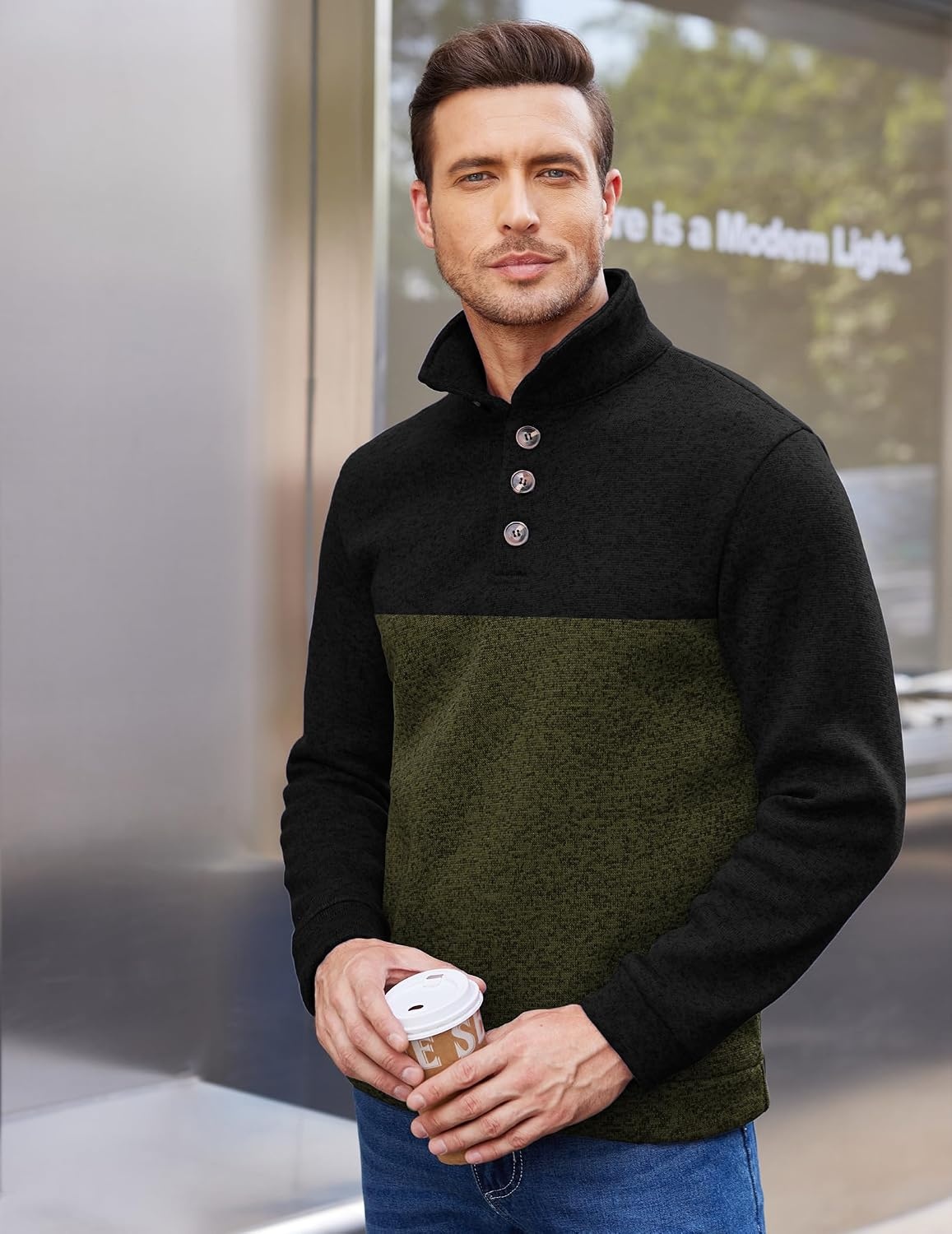 image:imageCOOFANDY Mens Casual Pullover Sweater Quarter Button Fleece Sweatshirt Knitted Thermal SweatersBlack Patchwork Army Green