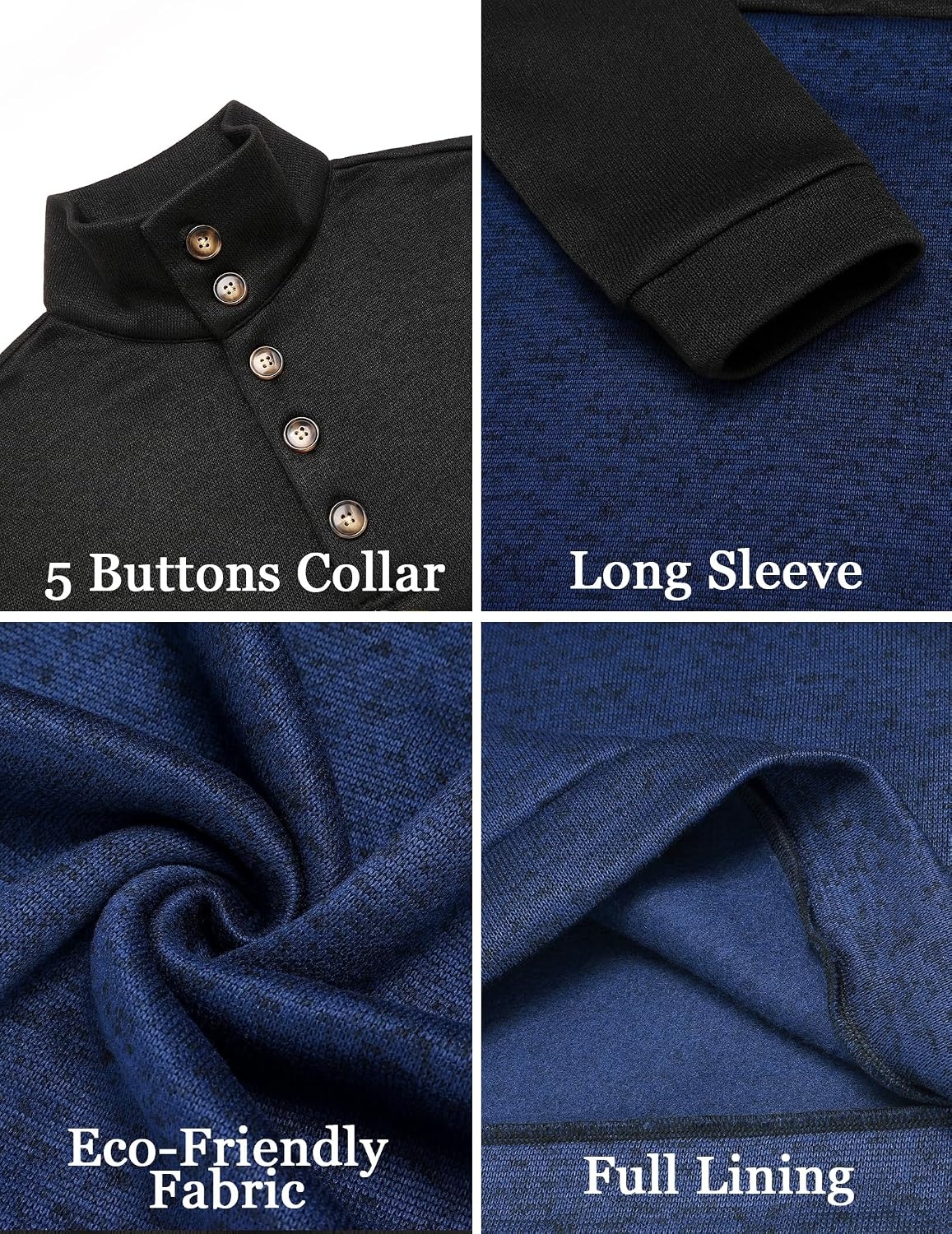 image:imageCOOFANDY Mens Casual Pullover Sweater Quarter Button Fleece Sweatshirt Knitted Thermal SweatersBlack Patchwork Navy Blue