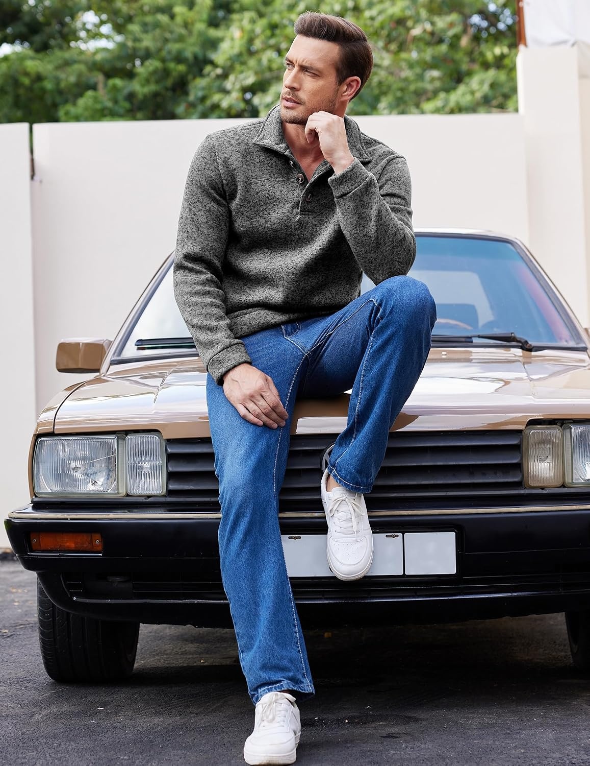 image:imageCOOFANDY Mens Casual Pullover Sweater Quarter Button Fleece Sweatshirt Knitted Thermal SweatersBlack and White