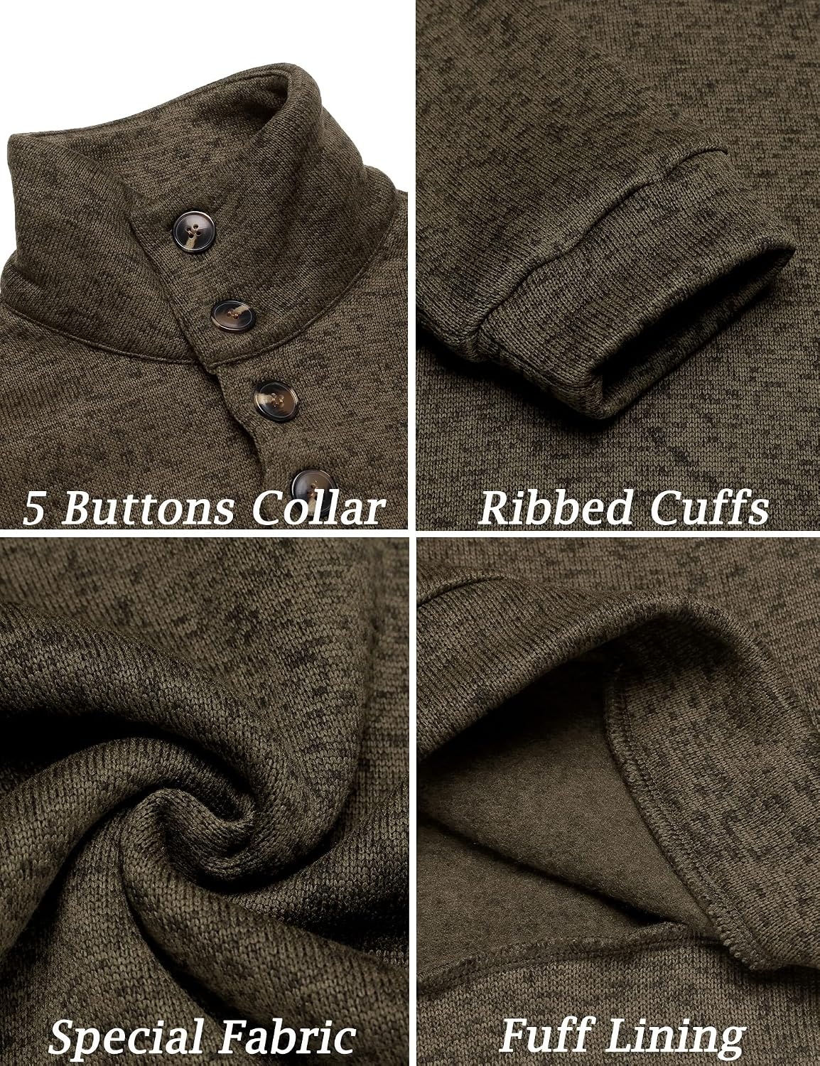 image:imageCOOFANDY Mens Casual Pullover Sweater Quarter Button Fleece Sweatshirt Knitted Thermal SweatersCoffee