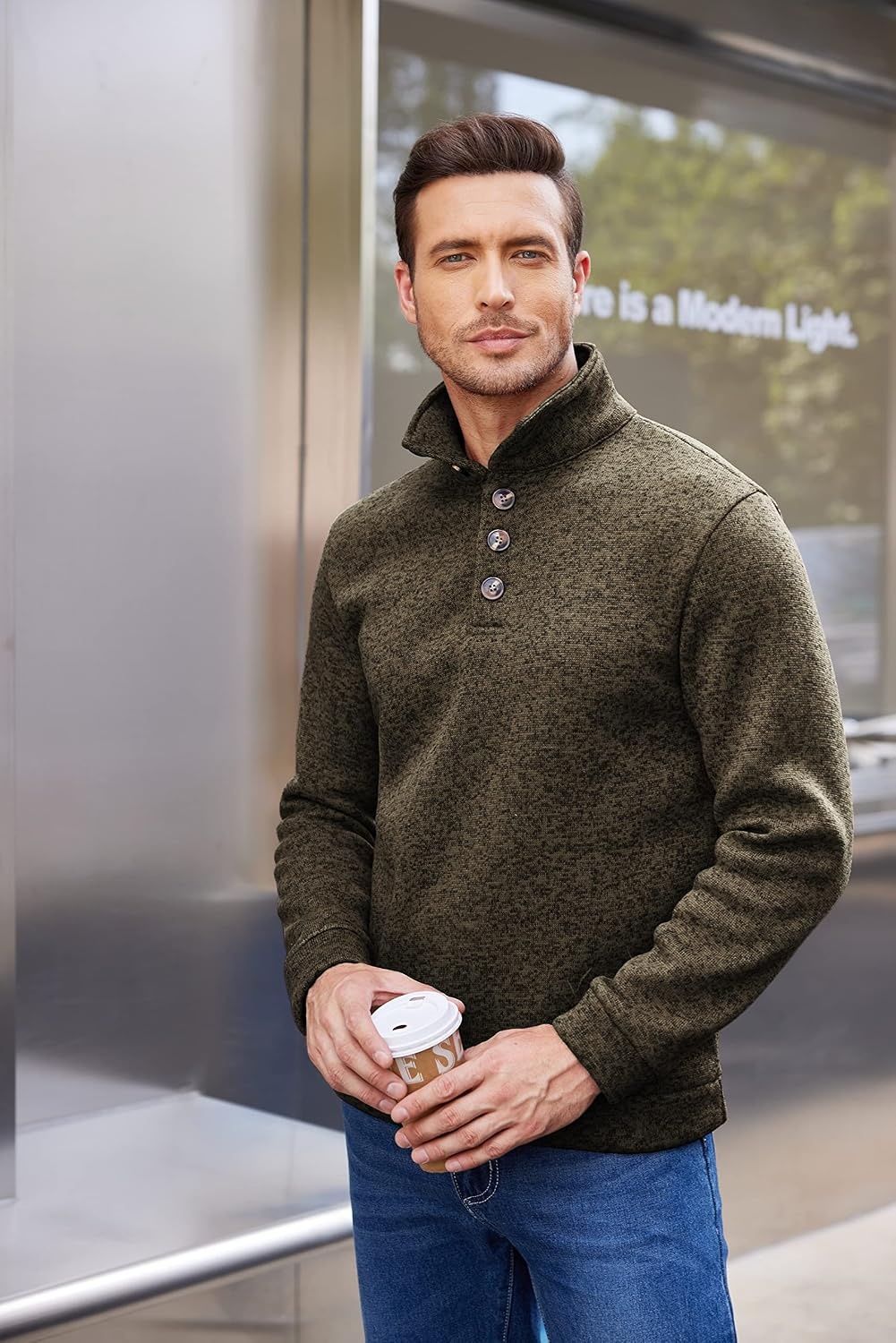 image:imageCOOFANDY Mens Casual Pullover Sweater Quarter Button Fleece Sweatshirt Knitted Thermal SweatersCoffee