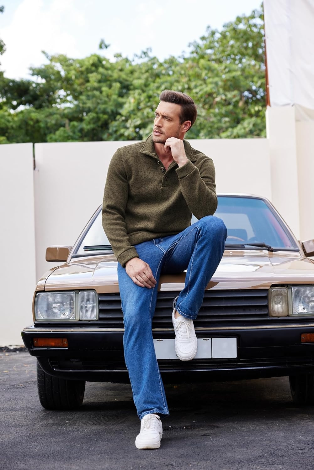 image:imageCOOFANDY Mens Casual Pullover Sweater Quarter Button Fleece Sweatshirt Knitted Thermal SweatersCoffee