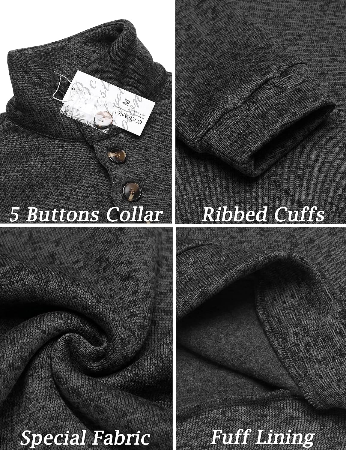 image:imageCOOFANDY Mens Casual Pullover Sweater Quarter Button Fleece Sweatshirt Knitted Thermal SweatersDark Grey