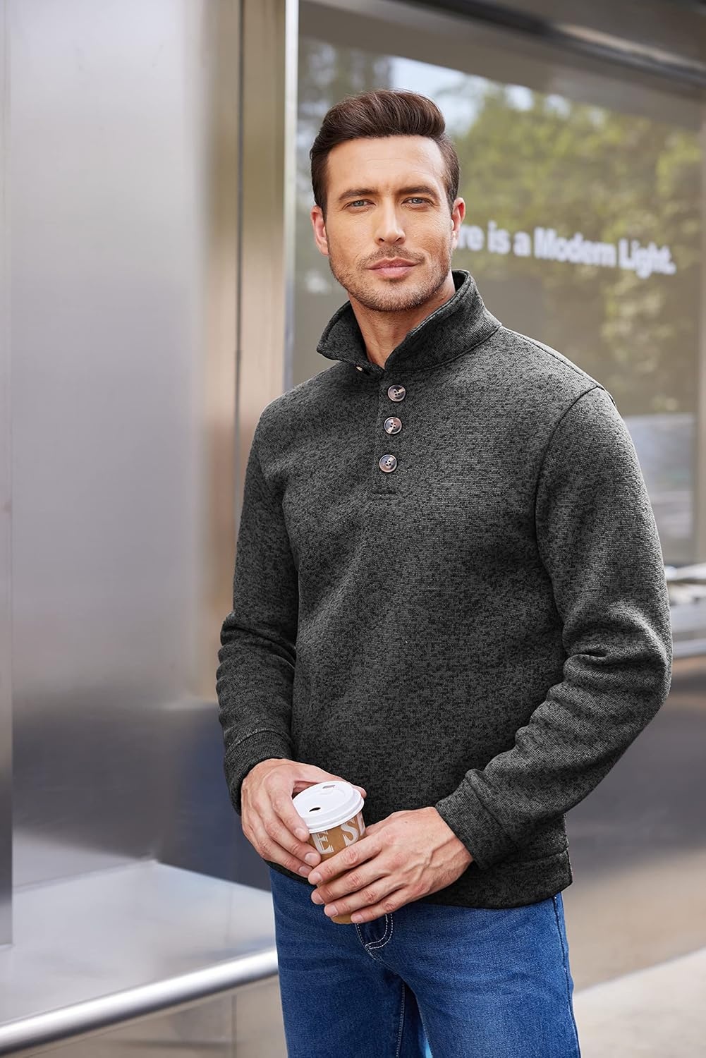 image:imageCOOFANDY Mens Casual Pullover Sweater Quarter Button Fleece Sweatshirt Knitted Thermal SweatersDark Grey