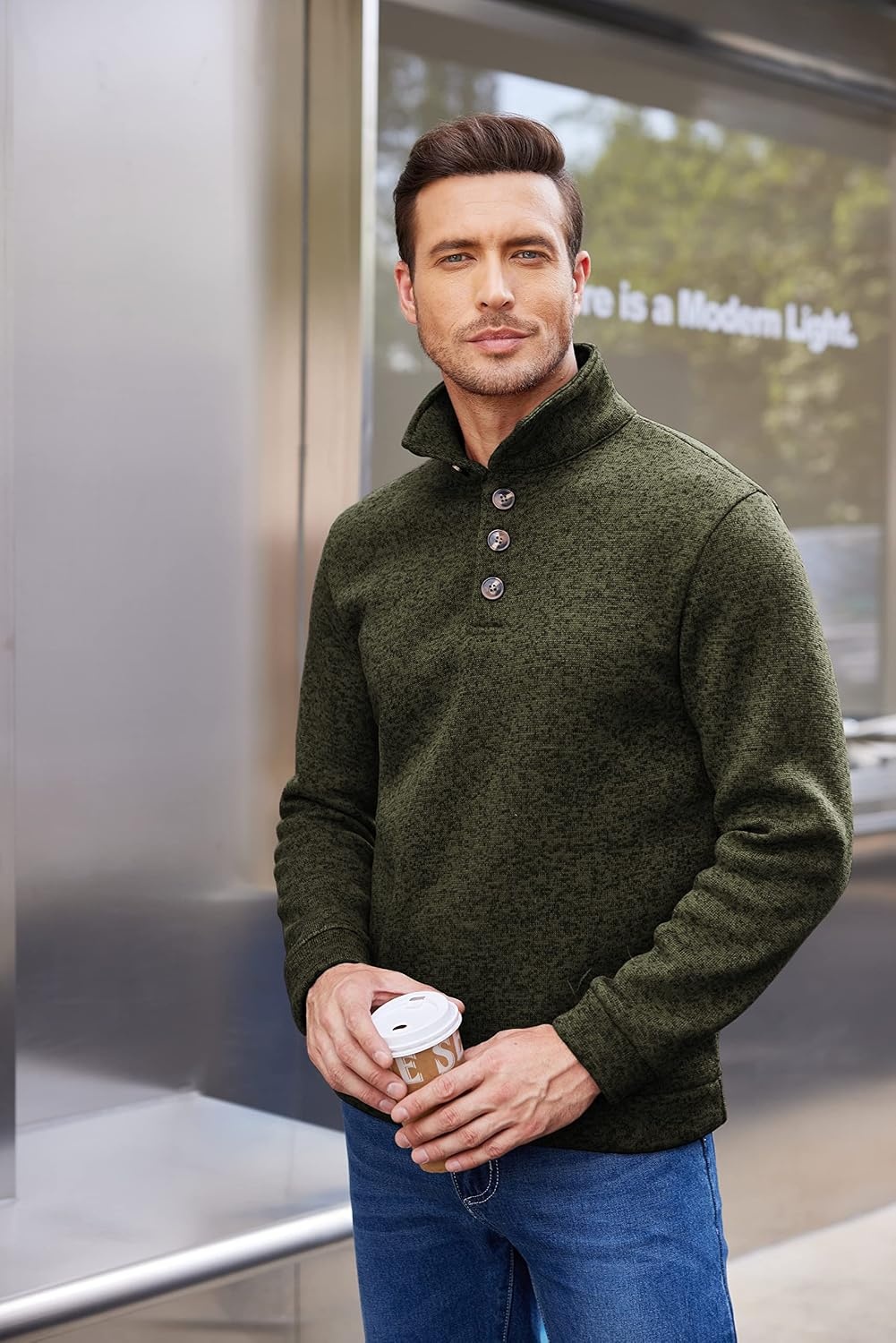 image:imageCOOFANDY Mens Casual Pullover Sweater Quarter Button Fleece Sweatshirt Knitted Thermal SweatersGreen
