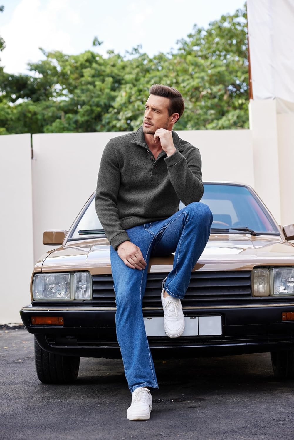 image:imageCOOFANDY Mens Casual Pullover Sweater Quarter Button Fleece Sweatshirt Knitted Thermal SweatersGreen