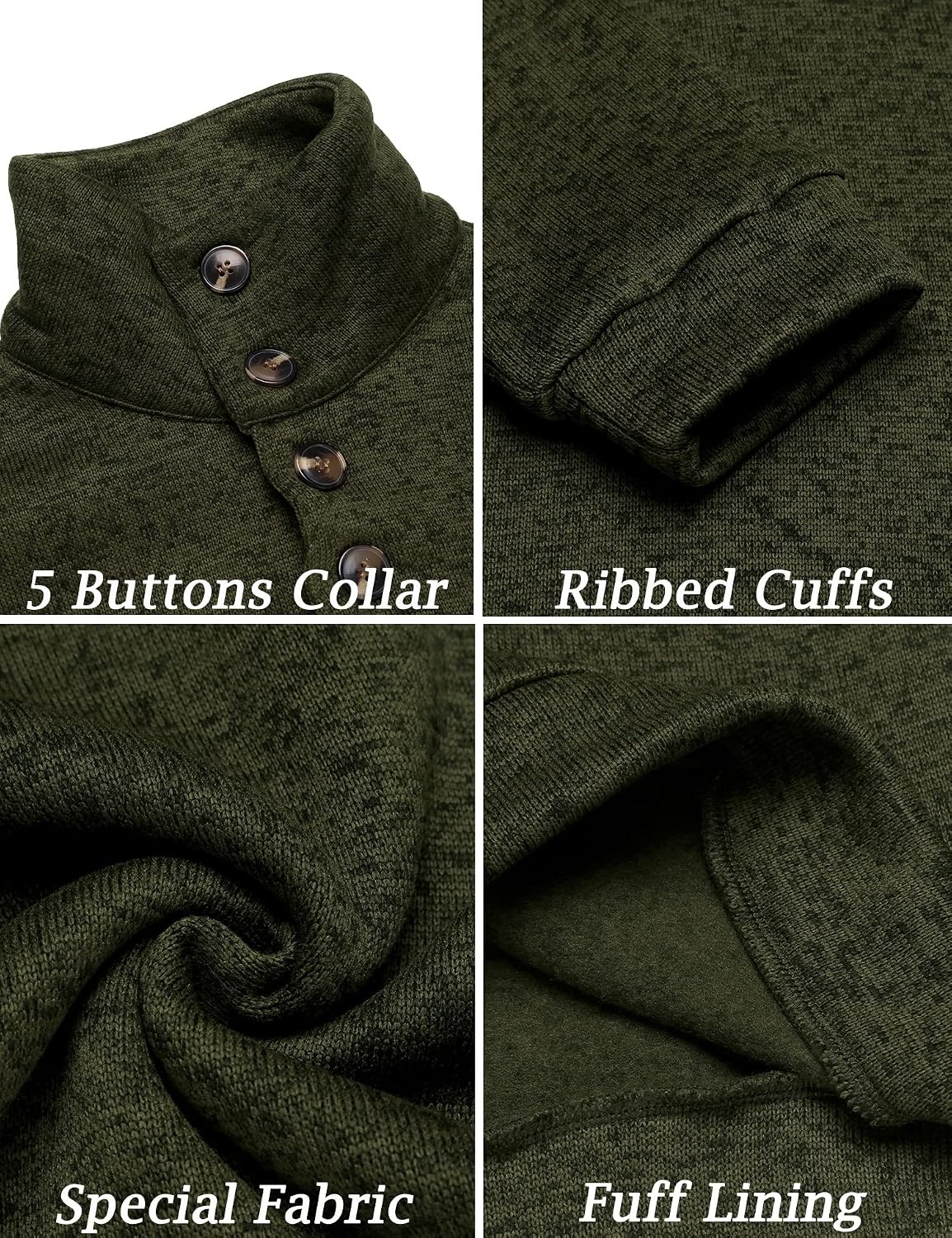 image:imageCOOFANDY Mens Casual Pullover Sweater Quarter Button Fleece Sweatshirt Knitted Thermal SweatersGreen