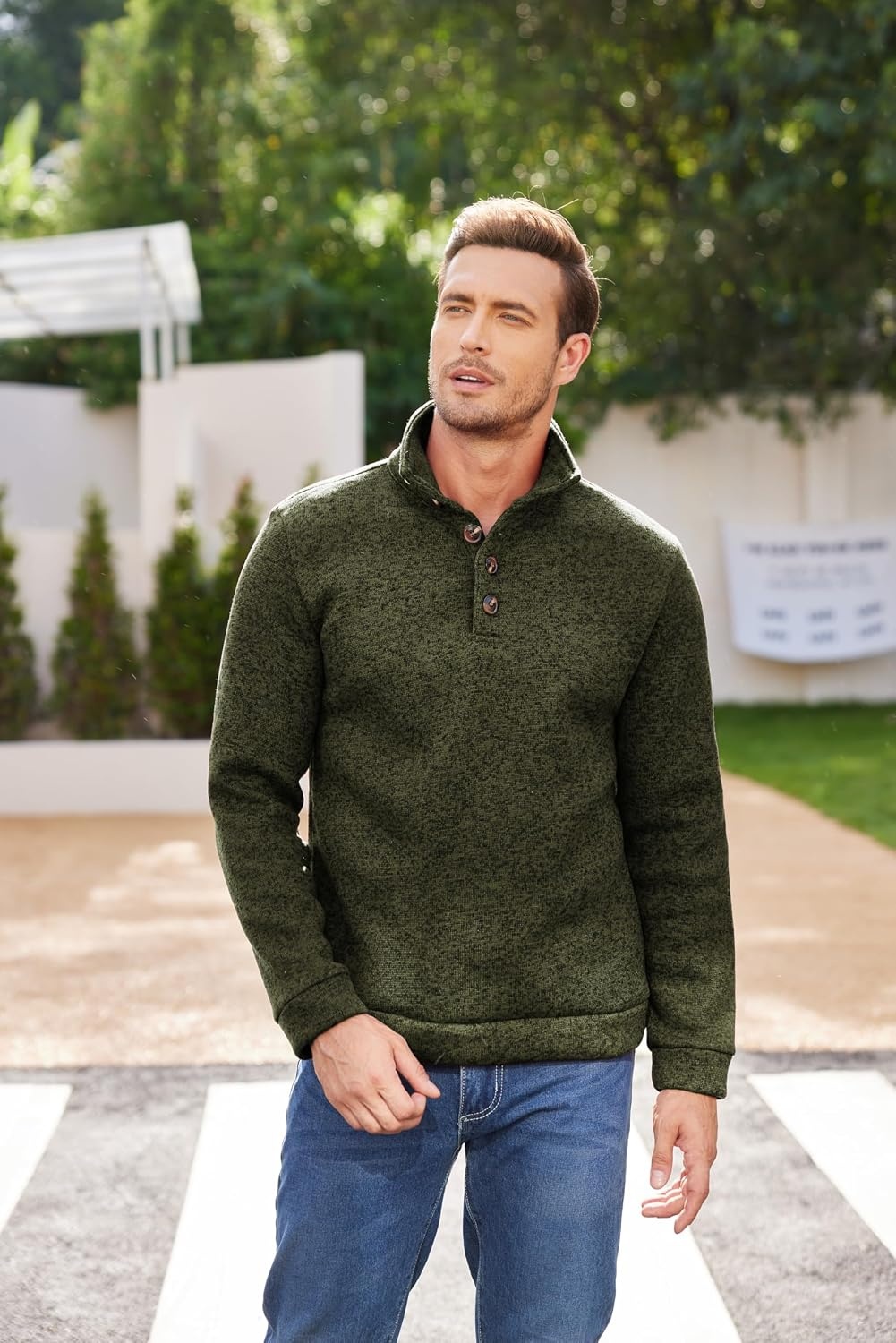image:imageCOOFANDY Mens Casual Pullover Sweater Quarter Button Fleece Sweatshirt Knitted Thermal SweatersGreen