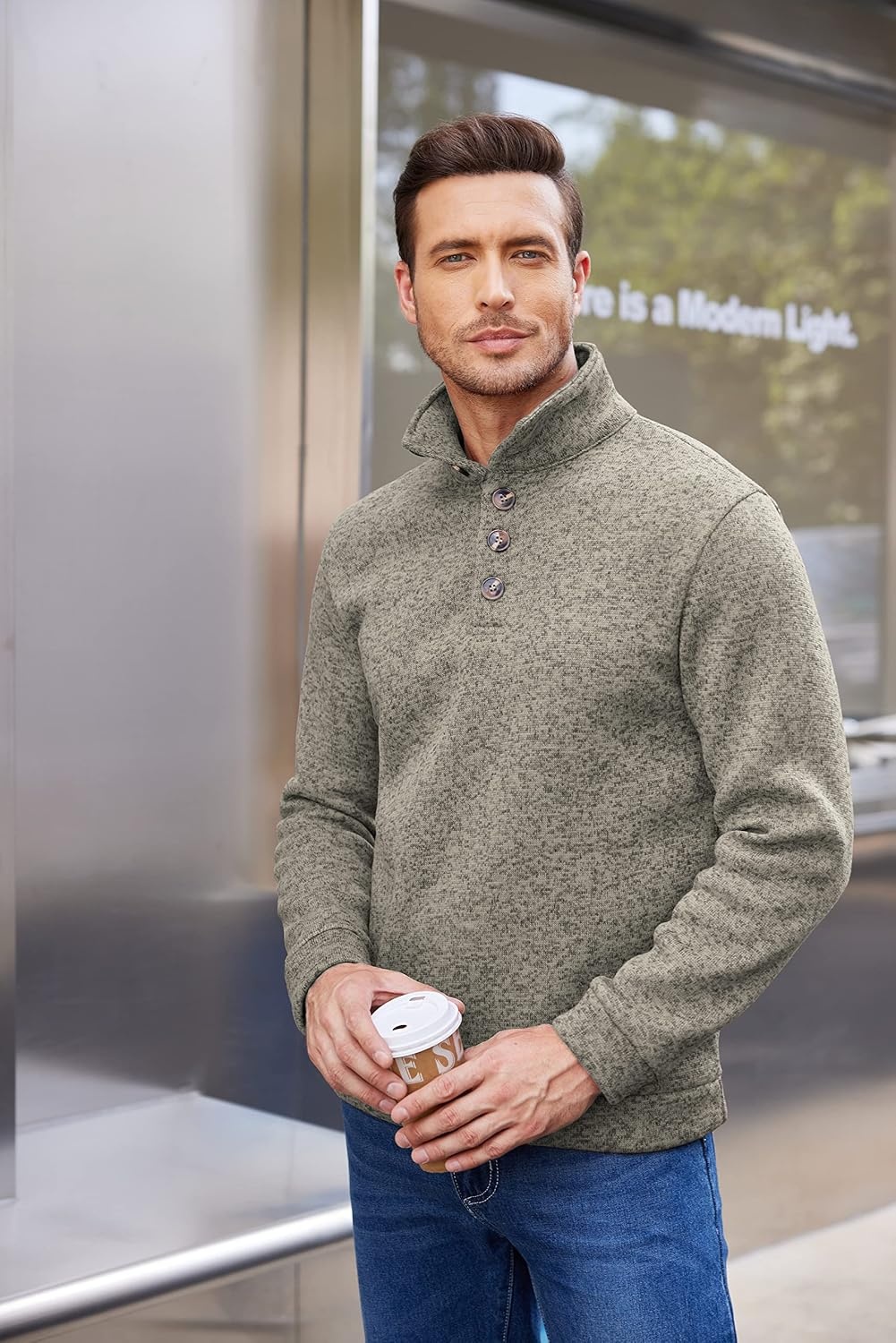 image:imageCOOFANDY Mens Casual Pullover Sweater Quarter Button Fleece Sweatshirt Knitted Thermal SweatersKhaki