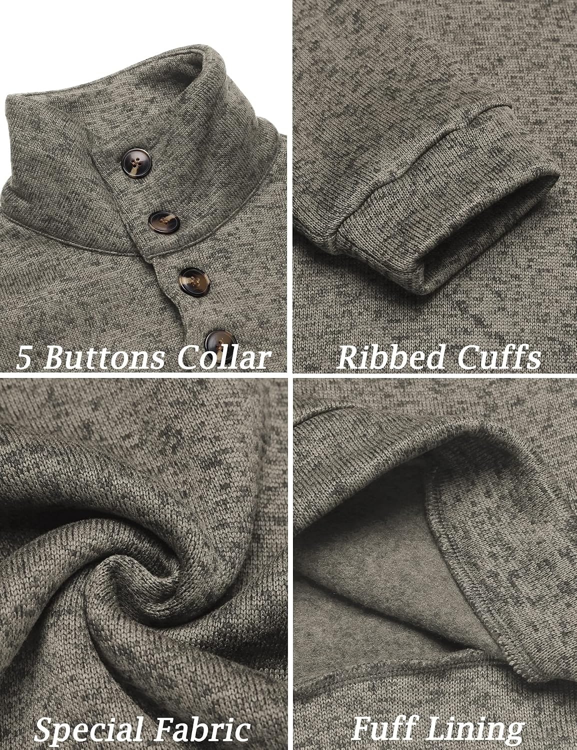 image:imageCOOFANDY Mens Casual Pullover Sweater Quarter Button Fleece Sweatshirt Knitted Thermal SweatersKhaki