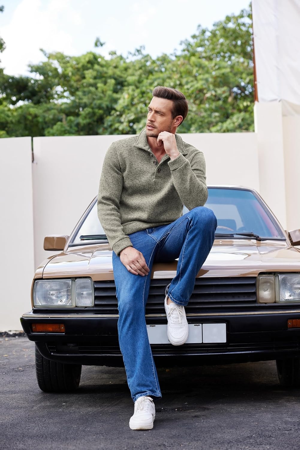 image:imageCOOFANDY Mens Casual Pullover Sweater Quarter Button Fleece Sweatshirt Knitted Thermal SweatersKhaki