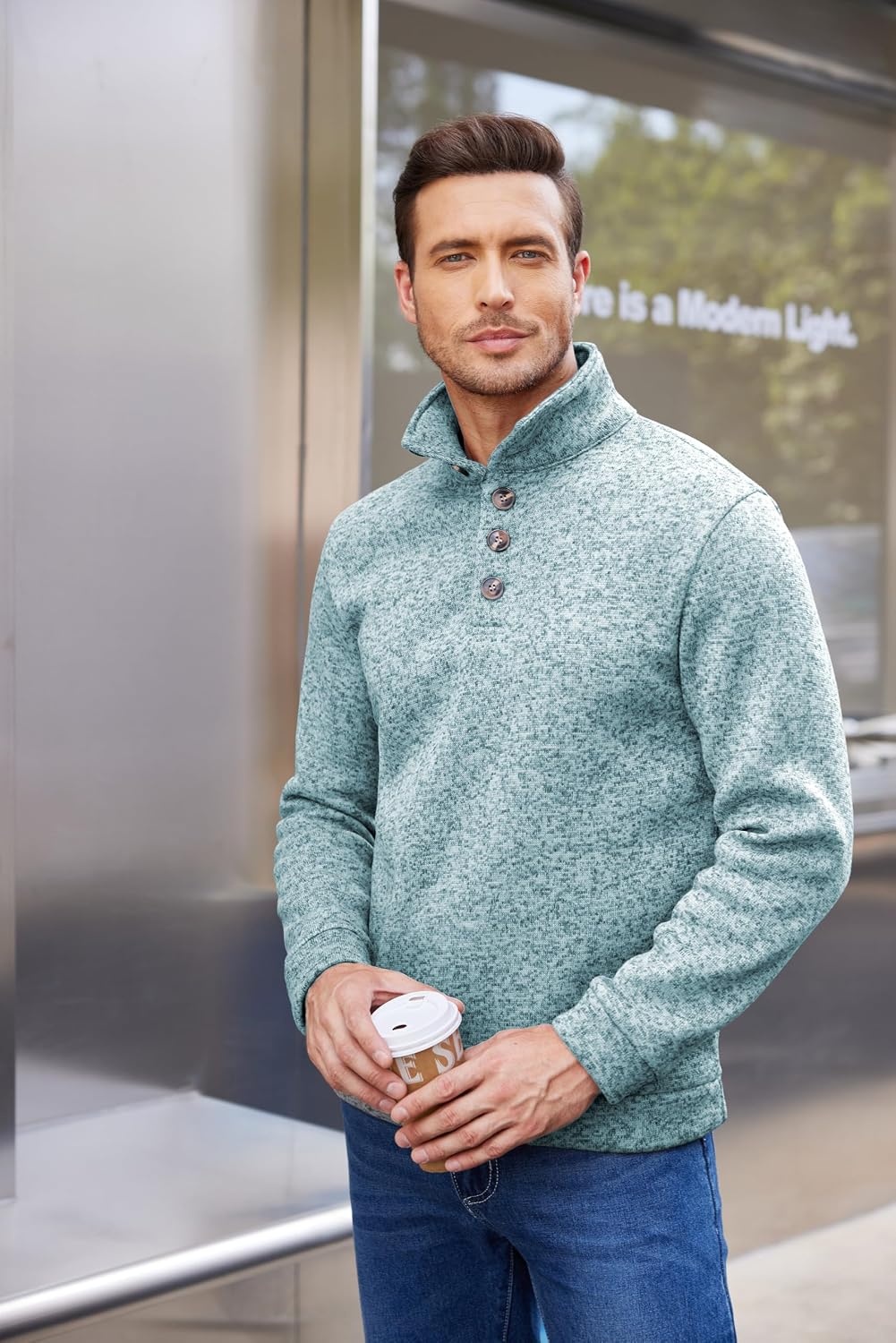 image:imageCOOFANDY Mens Casual Pullover Sweater Quarter Button Fleece Sweatshirt Knitted Thermal SweatersMint Green Heather