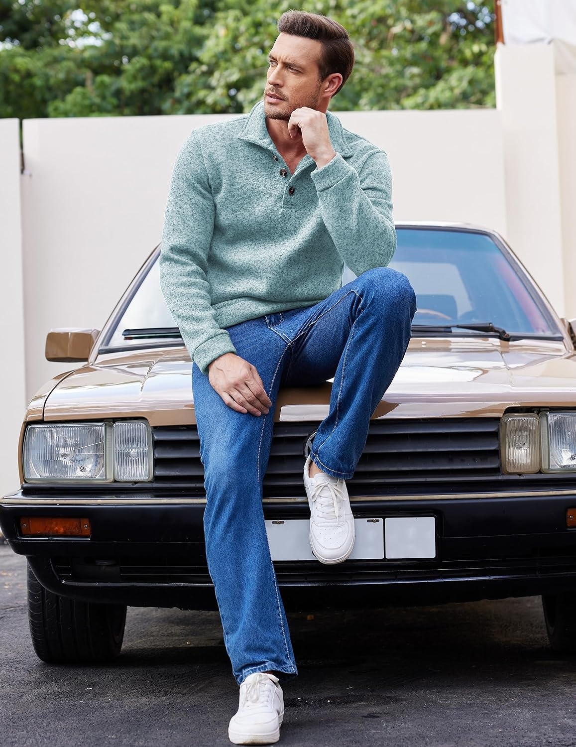 image:imageCOOFANDY Mens Casual Pullover Sweater Quarter Button Fleece Sweatshirt Knitted Thermal SweatersMint Green Heather