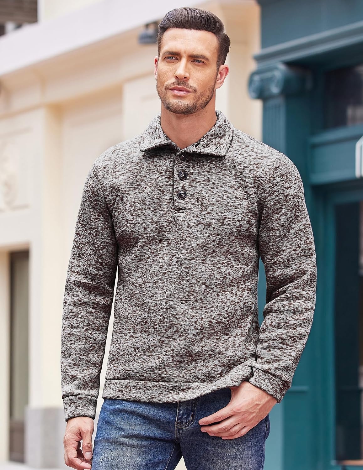 image:imageCOOFANDY Mens Casual Pullover Sweater Quarter Button Fleece Sweatshirt Knitted Thermal SweatersPale Grey