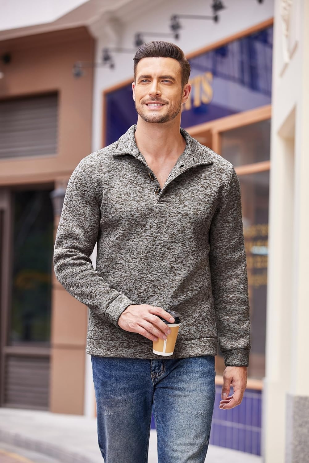 image:imageCOOFANDY Mens Casual Pullover Sweater Quarter Button Fleece Sweatshirt Knitted Thermal SweatersPale Grey
