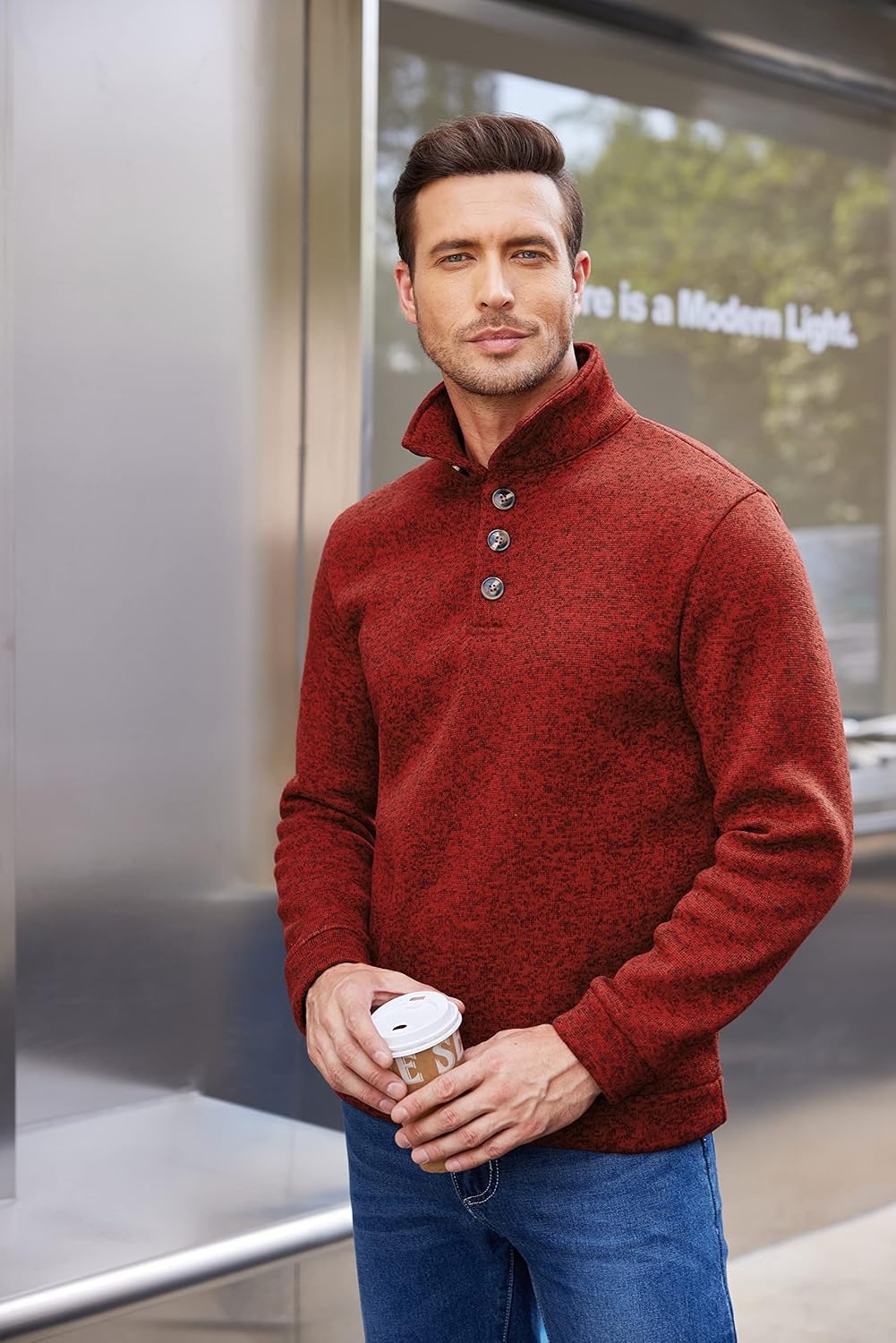 image:imageCOOFANDY Mens Casual Pullover Sweater Quarter Button Fleece Sweatshirt Knitted Thermal SweatersWine Red
