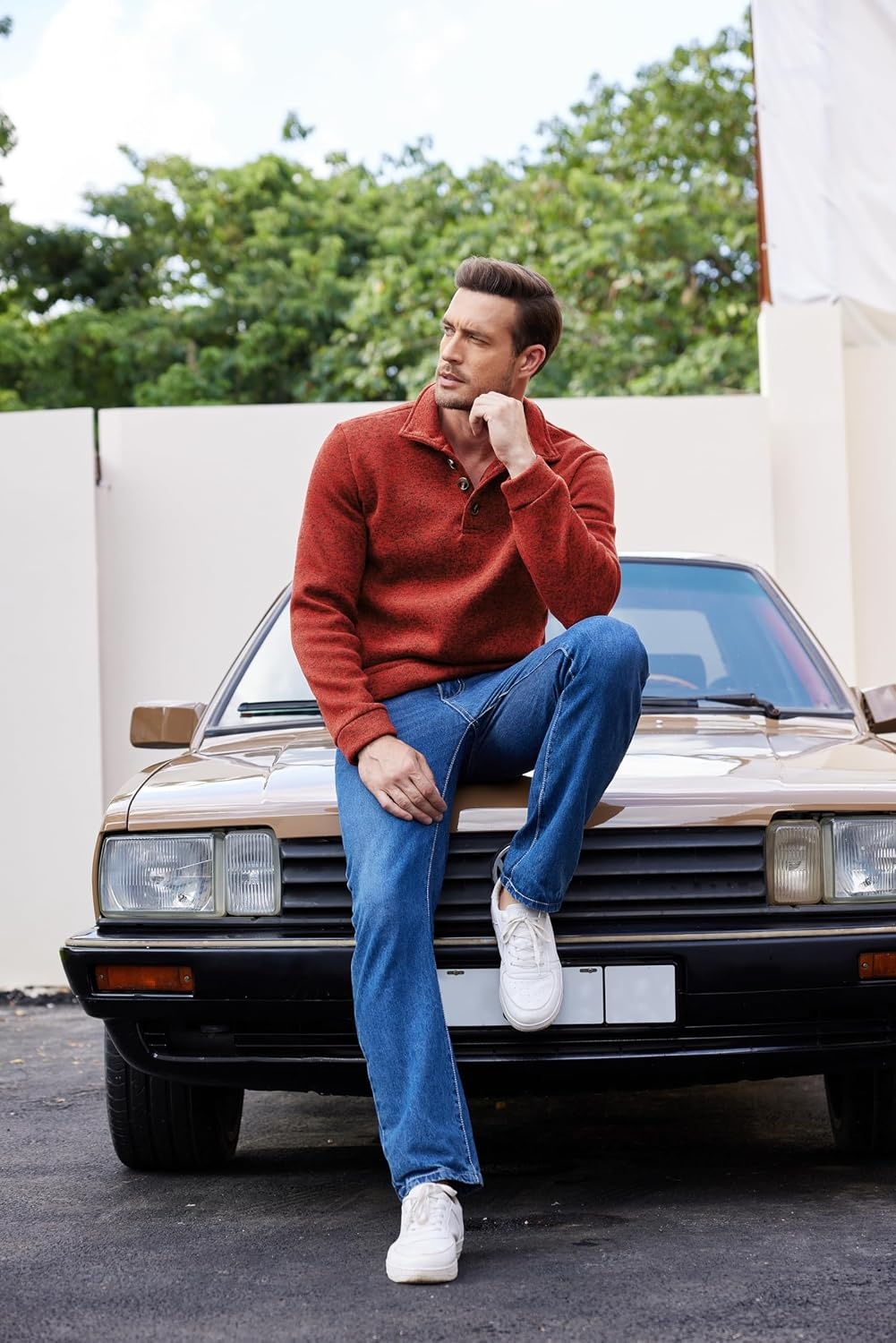 image:imageCOOFANDY Mens Casual Pullover Sweater Quarter Button Fleece Sweatshirt Knitted Thermal SweatersWine Red