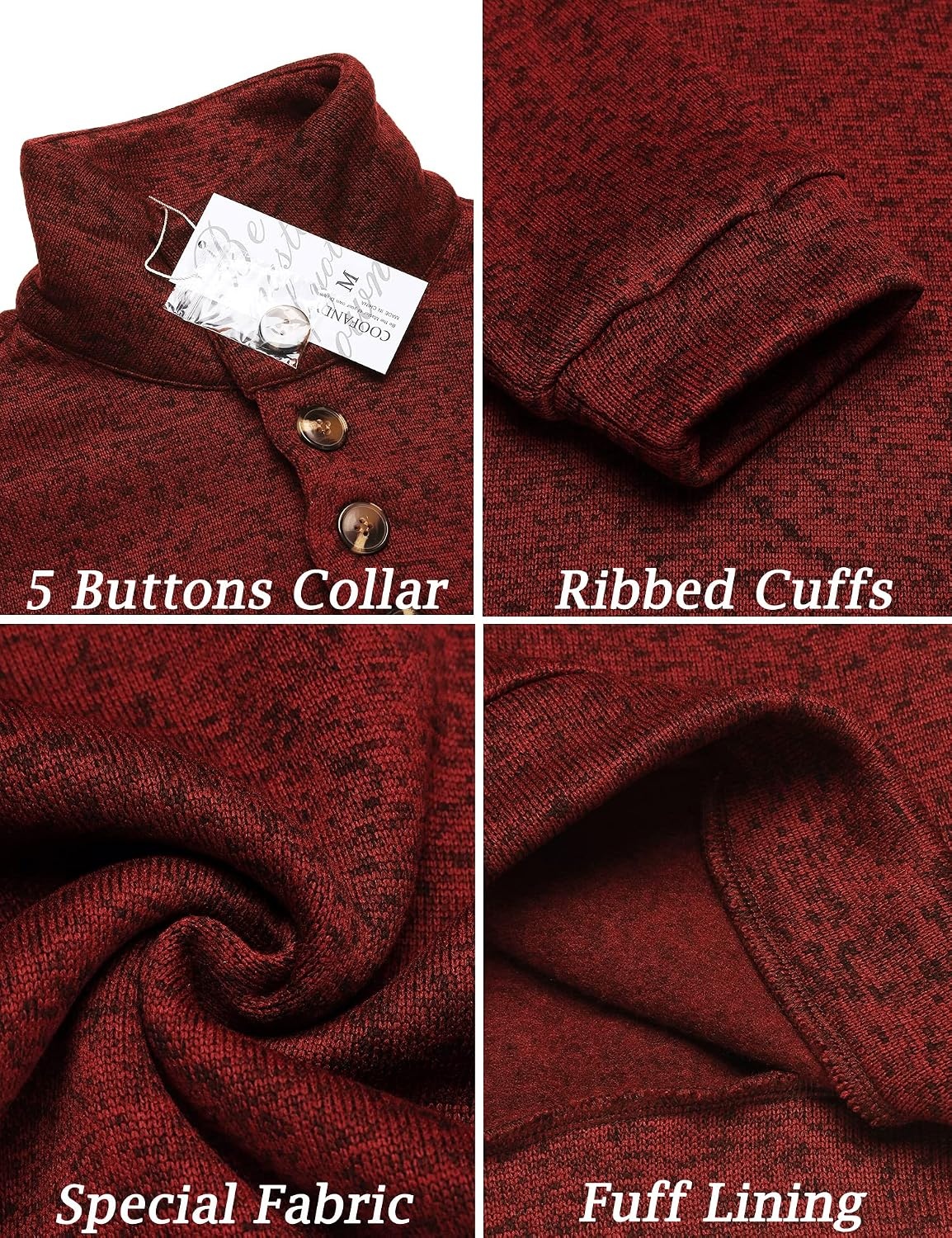 image:imageCOOFANDY Mens Casual Pullover Sweater Quarter Button Fleece Sweatshirt Knitted Thermal SweatersWine Red