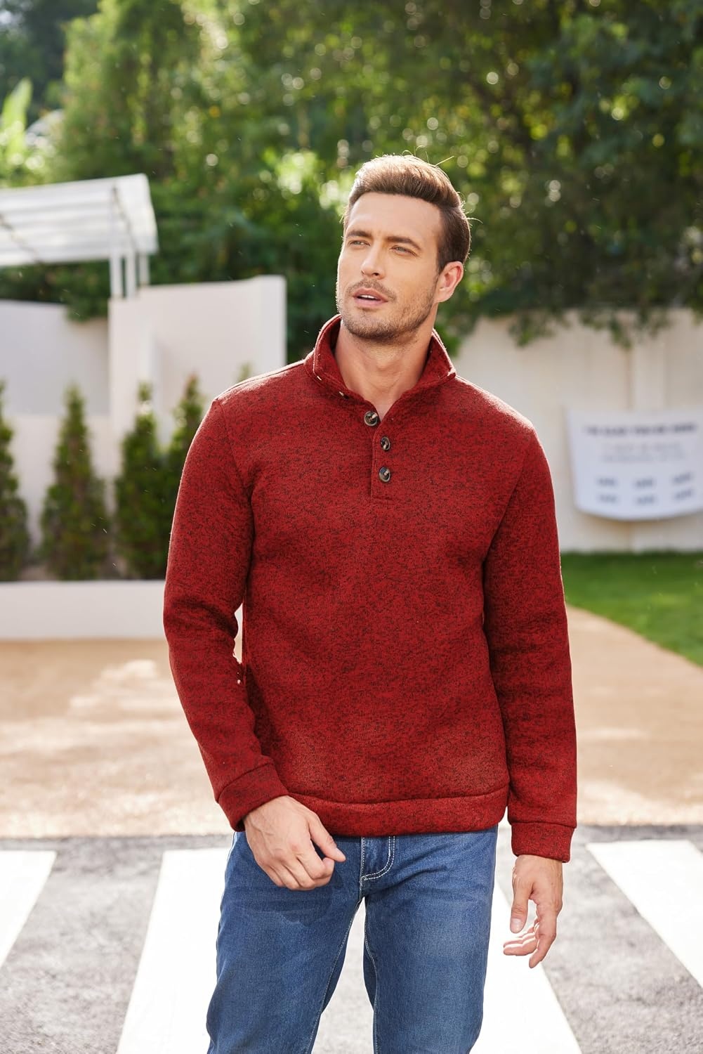image:imageCOOFANDY Mens Casual Pullover Sweater Quarter Button Fleece Sweatshirt Knitted Thermal SweatersWine Red