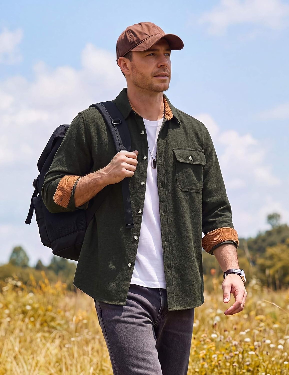 image:imageCOOFANDY Mens Flannel Shirts Long Sleeve Plaid Button Down Shirt JacketArmy Green