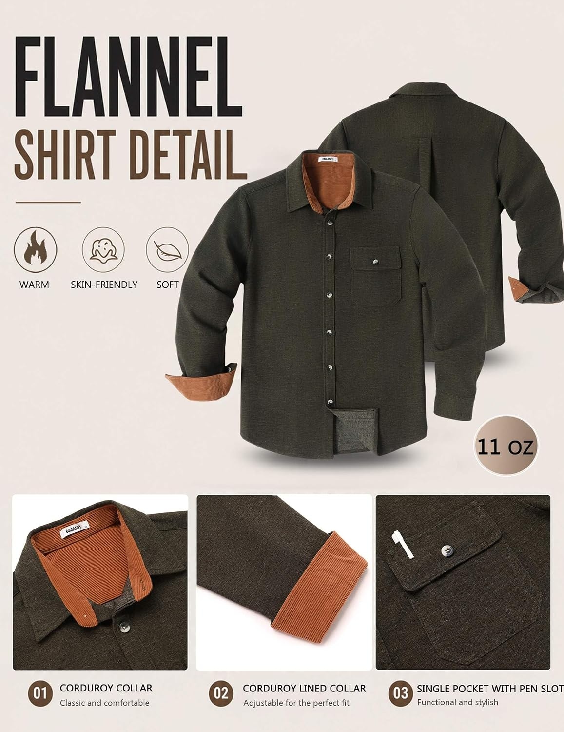 image:imageCOOFANDY Mens Flannel Shirts Long Sleeve Plaid Button Down Shirt JacketArmy Green