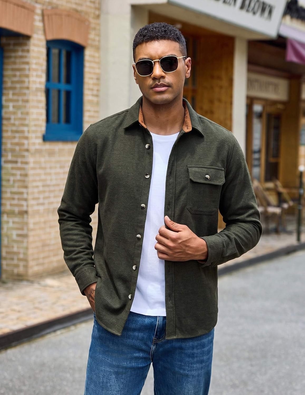 image:imageCOOFANDY Mens Flannel Shirts Long Sleeve Plaid Button Down Shirt JacketArmy Green