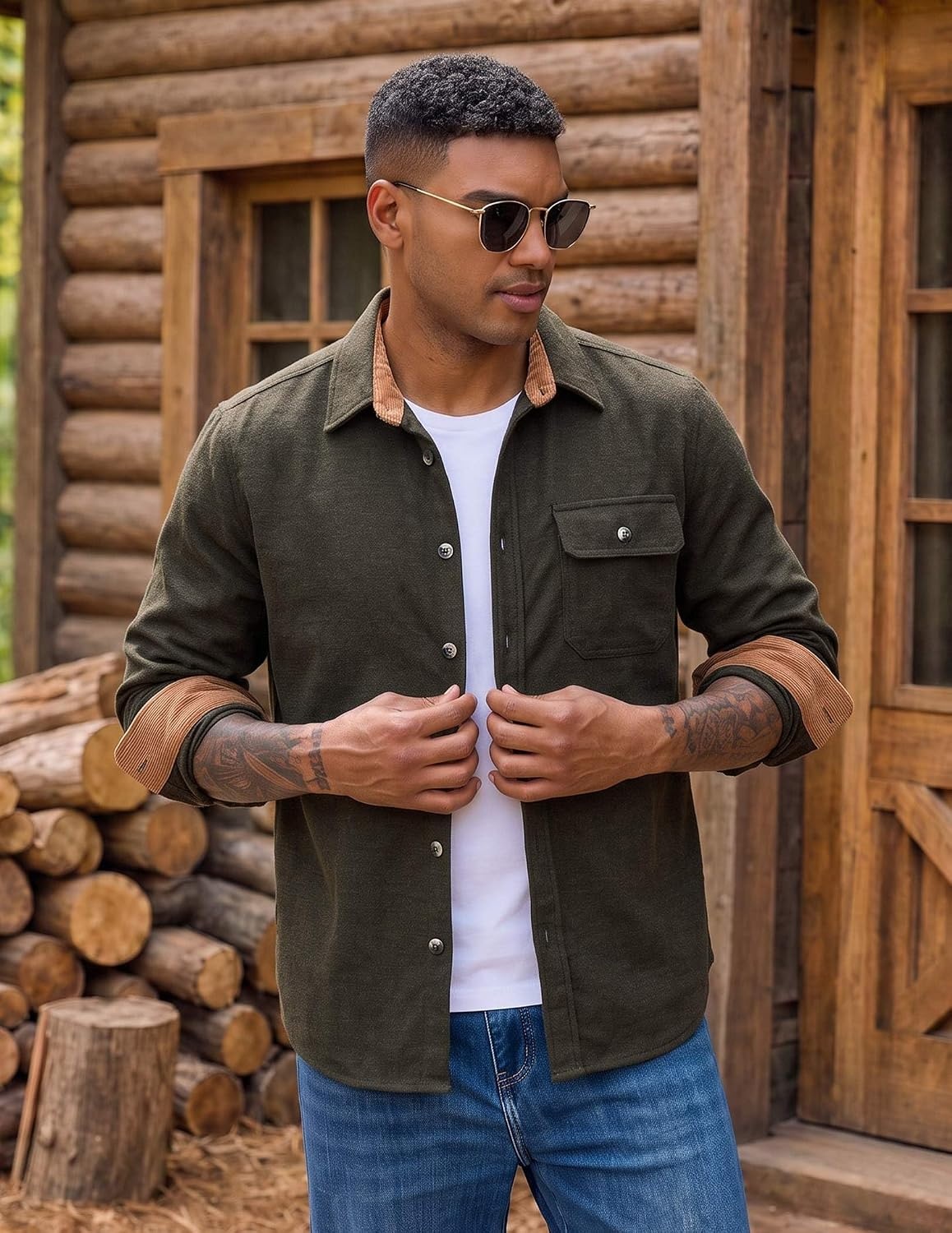 image:imageCOOFANDY Mens Flannel Shirts Long Sleeve Plaid Button Down Shirt JacketArmy Green